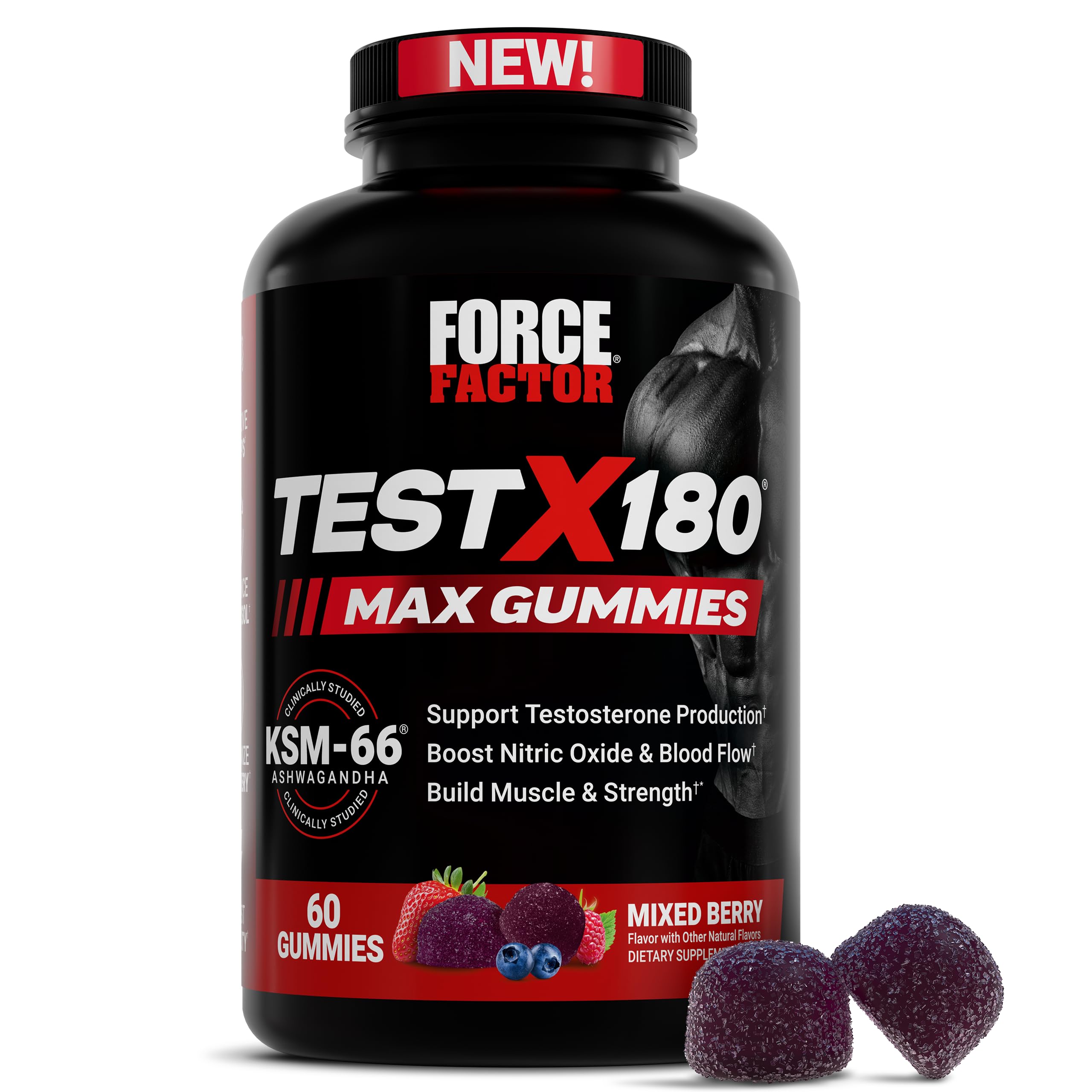 Force Factor Test X180 Max testosterone booster gummies for men with KSM-66 Ashwagandha, mixed berry flavor bottle