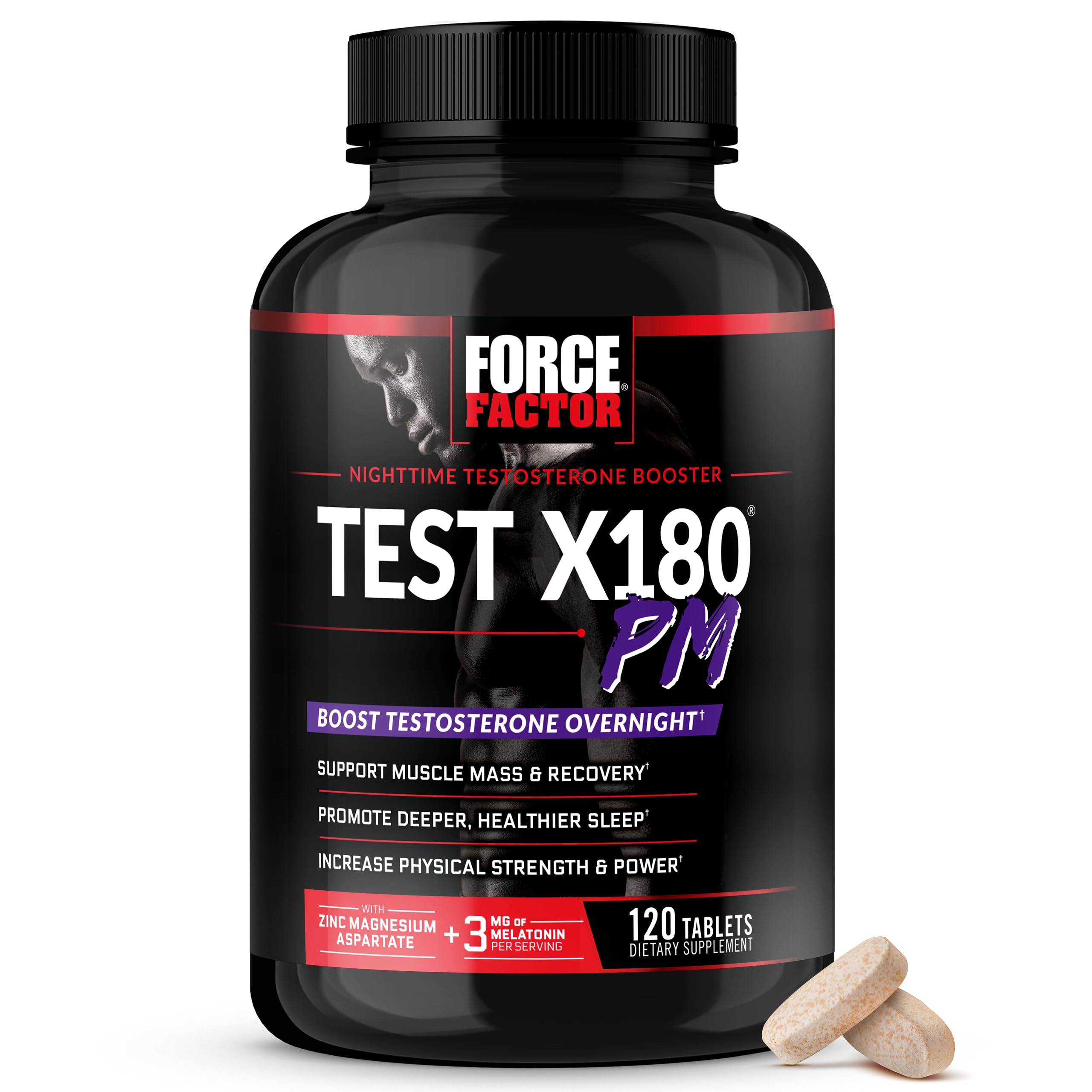 Force Factor Test X180 PM testosterone booster for men supporting overnight muscle growth, strength, recovery and deeper, healthier sleep