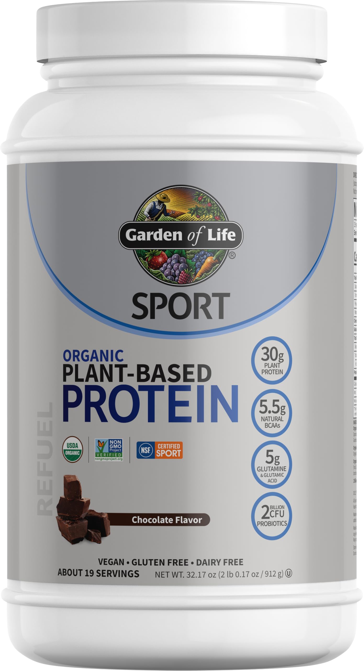 Garden of Life vegan protein powder chocolate organic plant based protein probiotics BCAA NSF certified sport 19 servings supplement