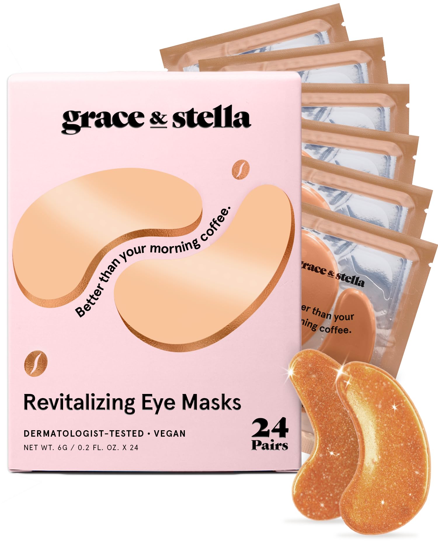 grace & stella Caffeine and Bronze Under Eye Patches 24 Pairs - Awakening Vegan Gel Masks with Niacinamide and Hyaluronic Acid