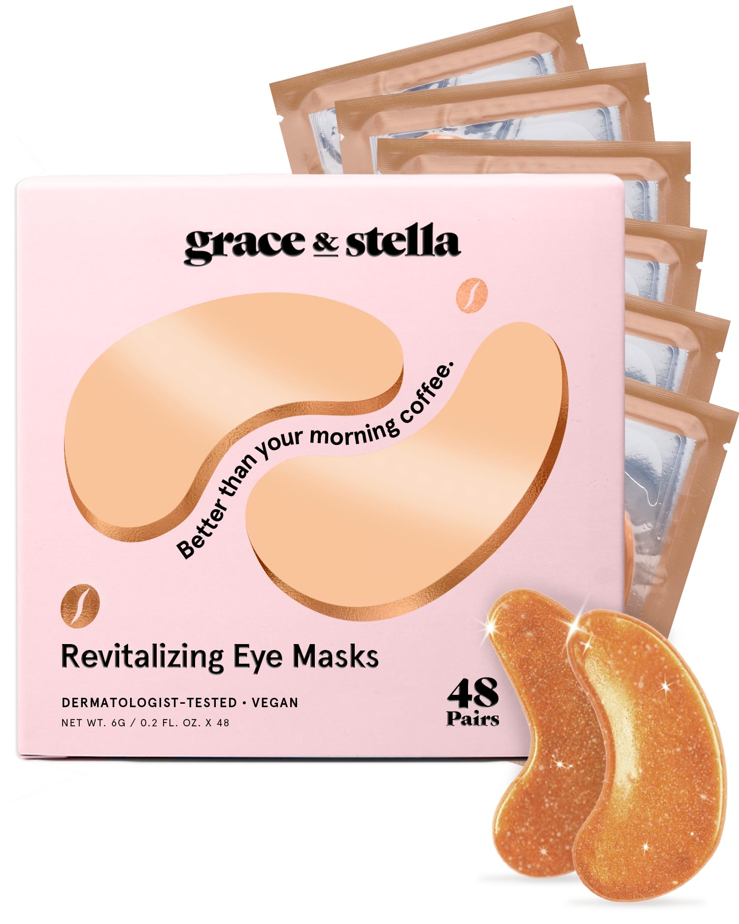 grace & stella Caffeine and Bronze Under Eye Patches 48 Pairs - Awakening Vegan Gel Masks with Niacinamide and Hyaluronic Acid