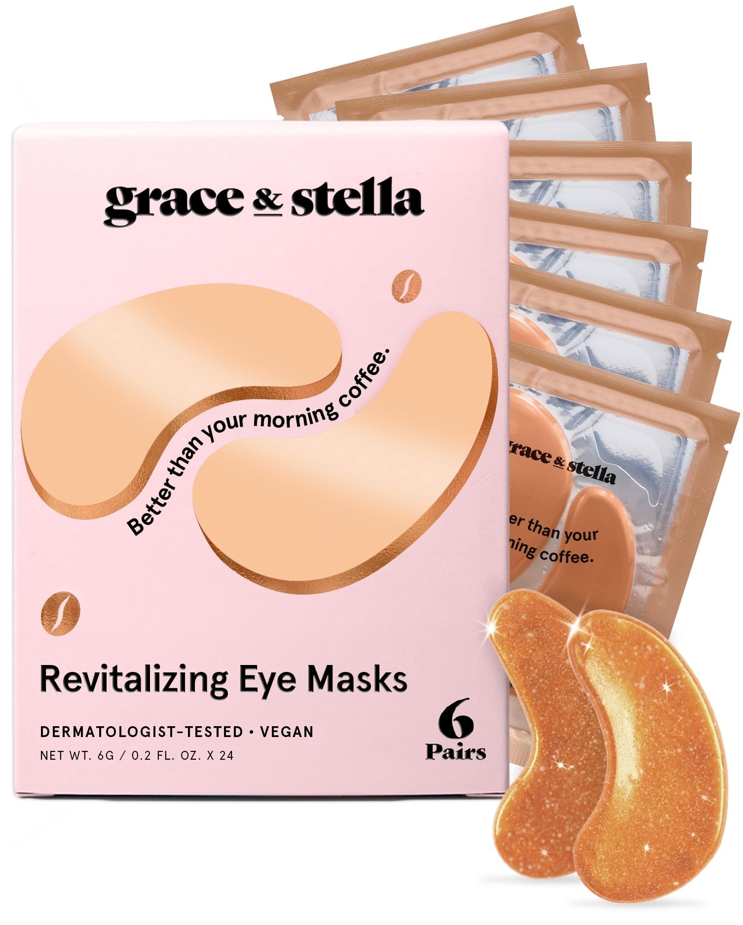 grace & stella Caffeine and Bronze Under Eye Patches 6 Pairs - Travel Size Vegan Gel Masks for Puffy Eyes