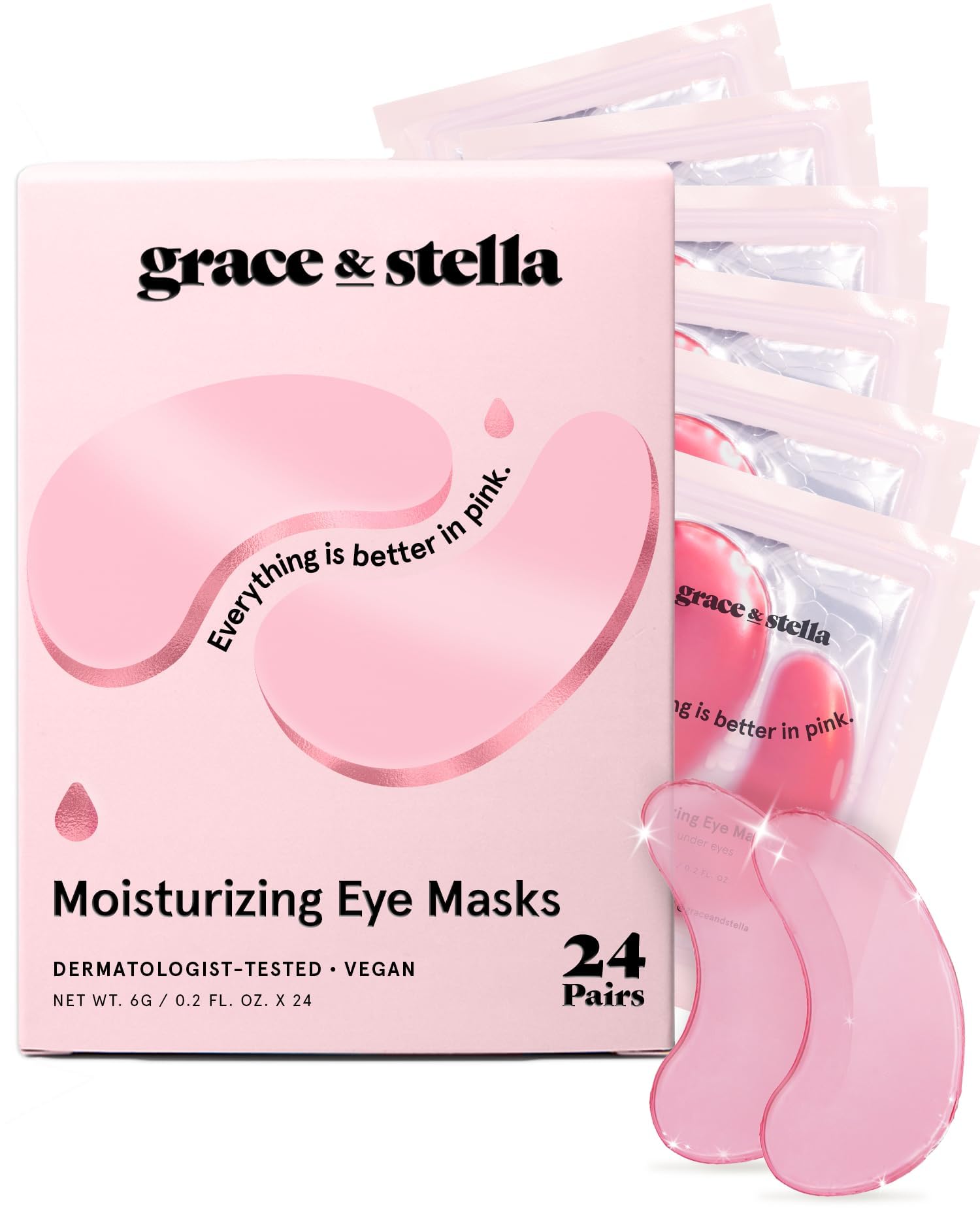grace & stella Pink Under Eye Mask 24 Pairs - Brightening Vegan Gel Patches for Dark Circles and Puffy Eyes