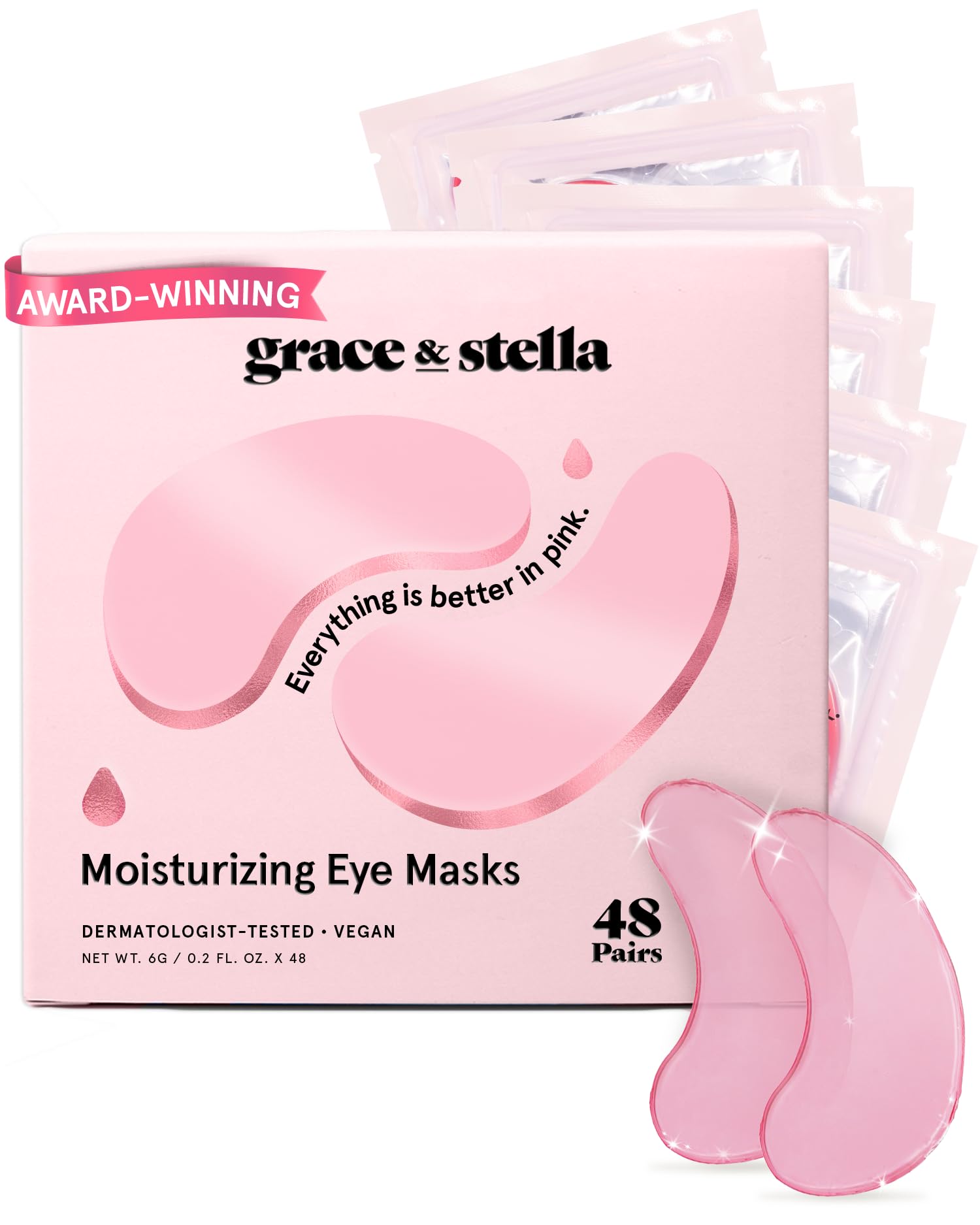 grace & stella Pink Under Eye Mask 48 Pairs - Vegan Gel Patches for Dark Circles, Puffy Eyes and Wrinkles