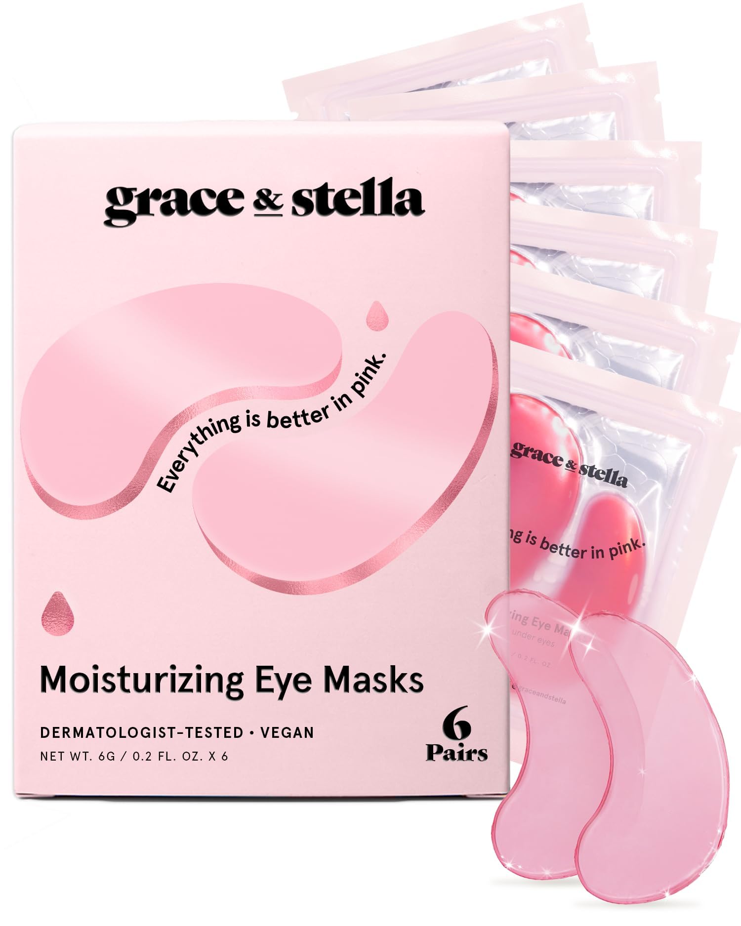grace & stella Pink Under Eye Mask 6 Pairs - Vegan Gel Patches for Dark Circles and Puffy Eyes