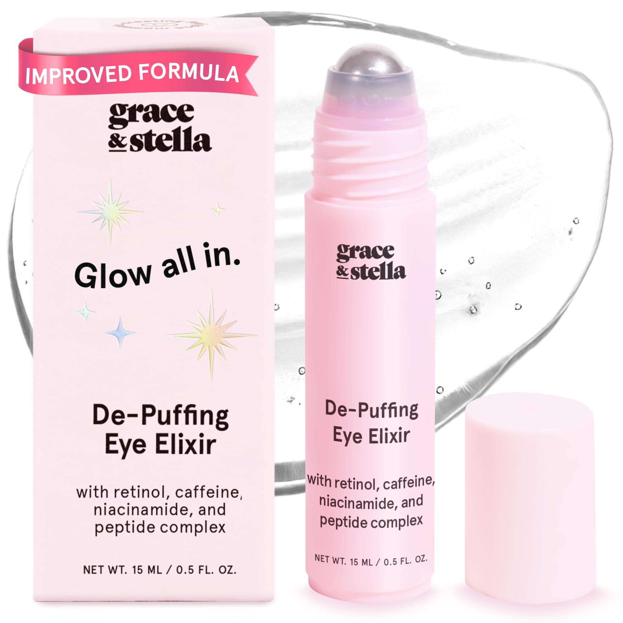 grace & stella Under Eye Brightener Roller 15ml - Travel Size Vegan Eye Serum with Retinol and Caffeine for Puffiness