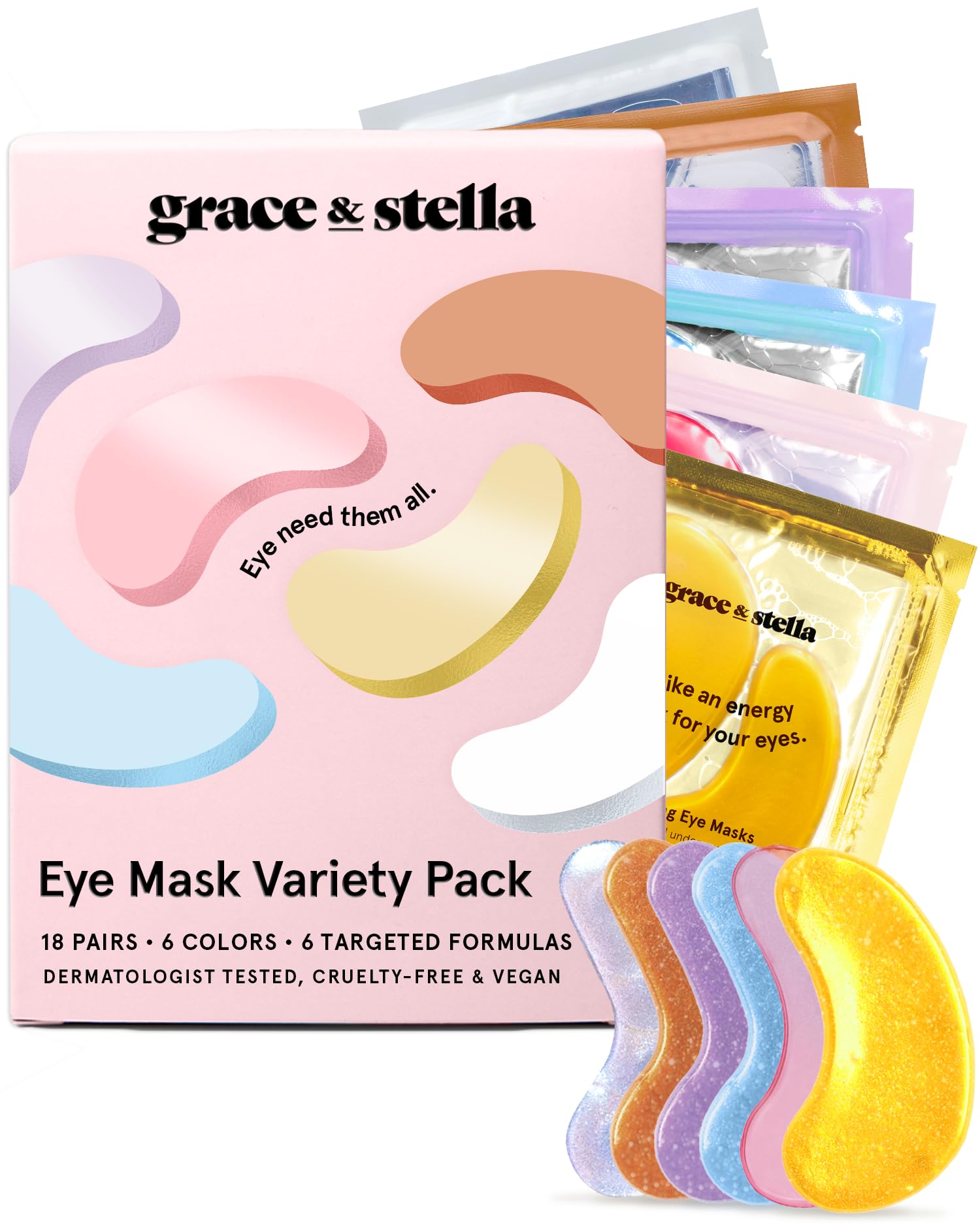 grace & stella Under Eye Mask Variety Pack 18 Pairs with 6 Colors - Vegan Gel Patches for Dark Circles and Puffy Eyes