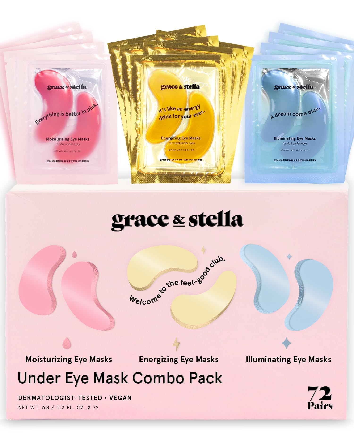 grace & stella Under Eye Mask Variety Pack 72 Pairs - Gold, Pink, and Blue Vegan Gel Patches for Dark Circles and Wrinkles
