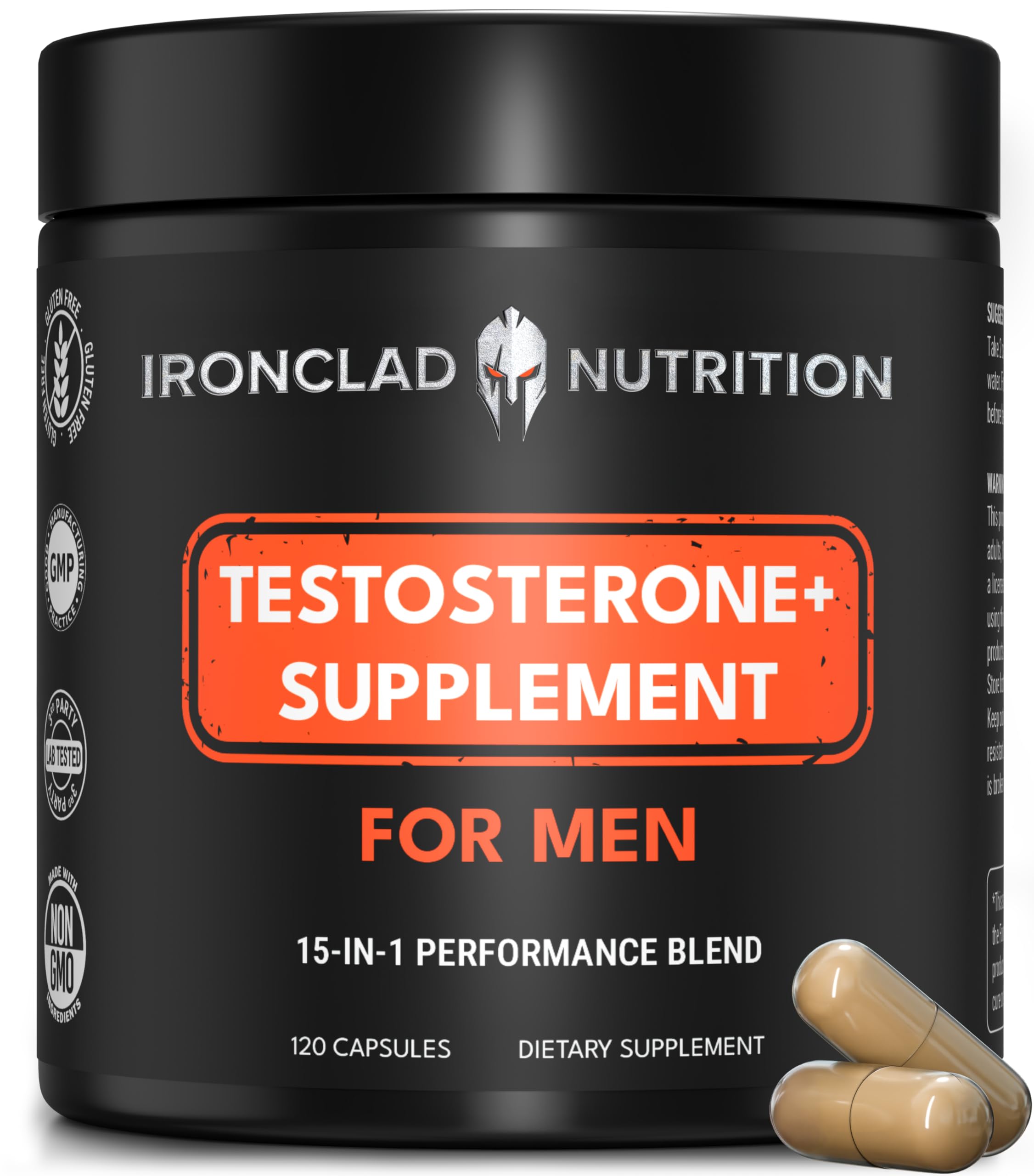 IRONCLAD NUTRITION advanced testosterone supplement for men 15-in-1 complex with Tongkat Ali Ashwagandha Shilajit Fadogia Agrestis energy strength vitality 120 capsules bottle