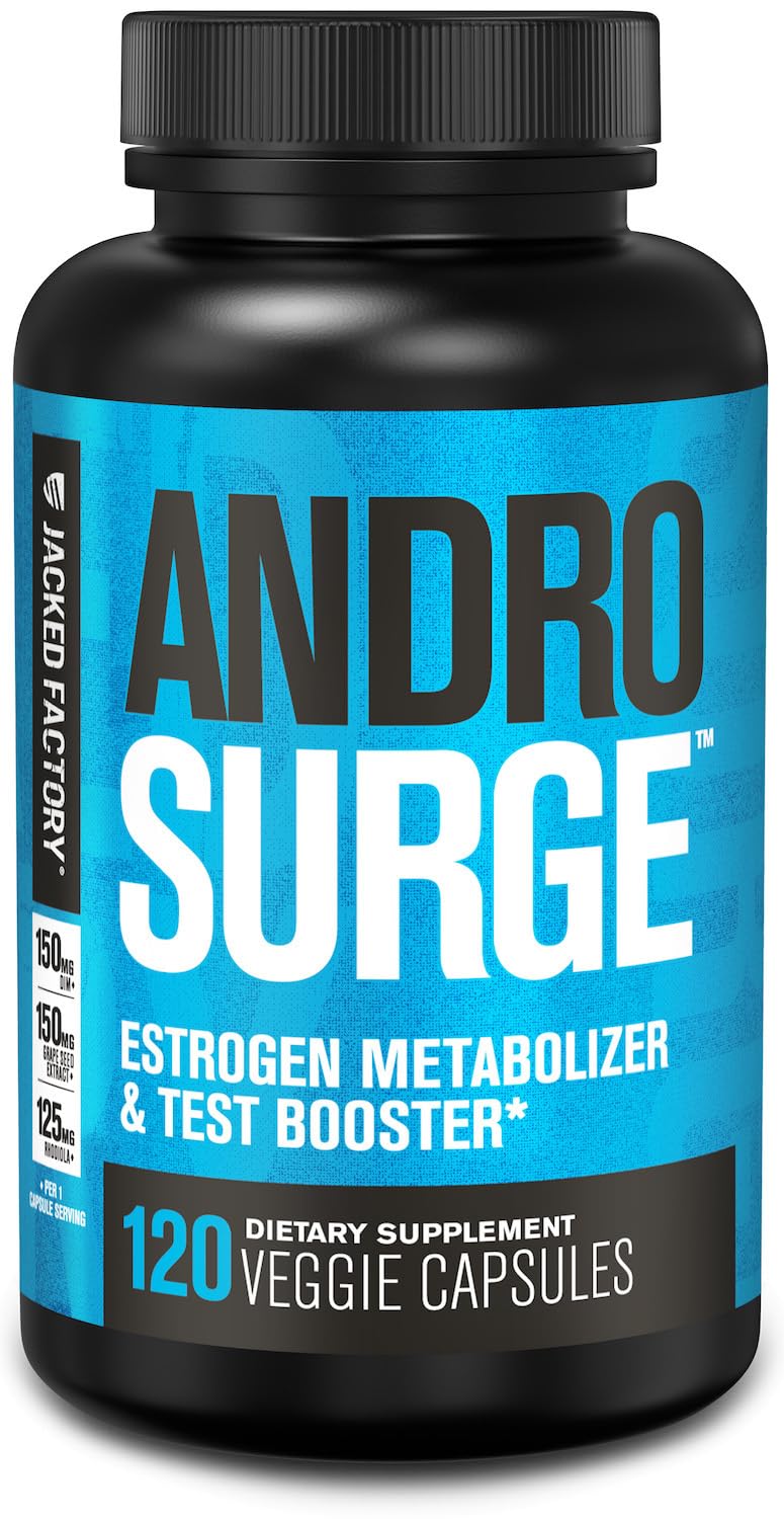 Jacked Factory Androsurge estrogen blocker capsules for men Tongkat Ali DIM Rhodiola vitality hormone balance support 120 count bottle