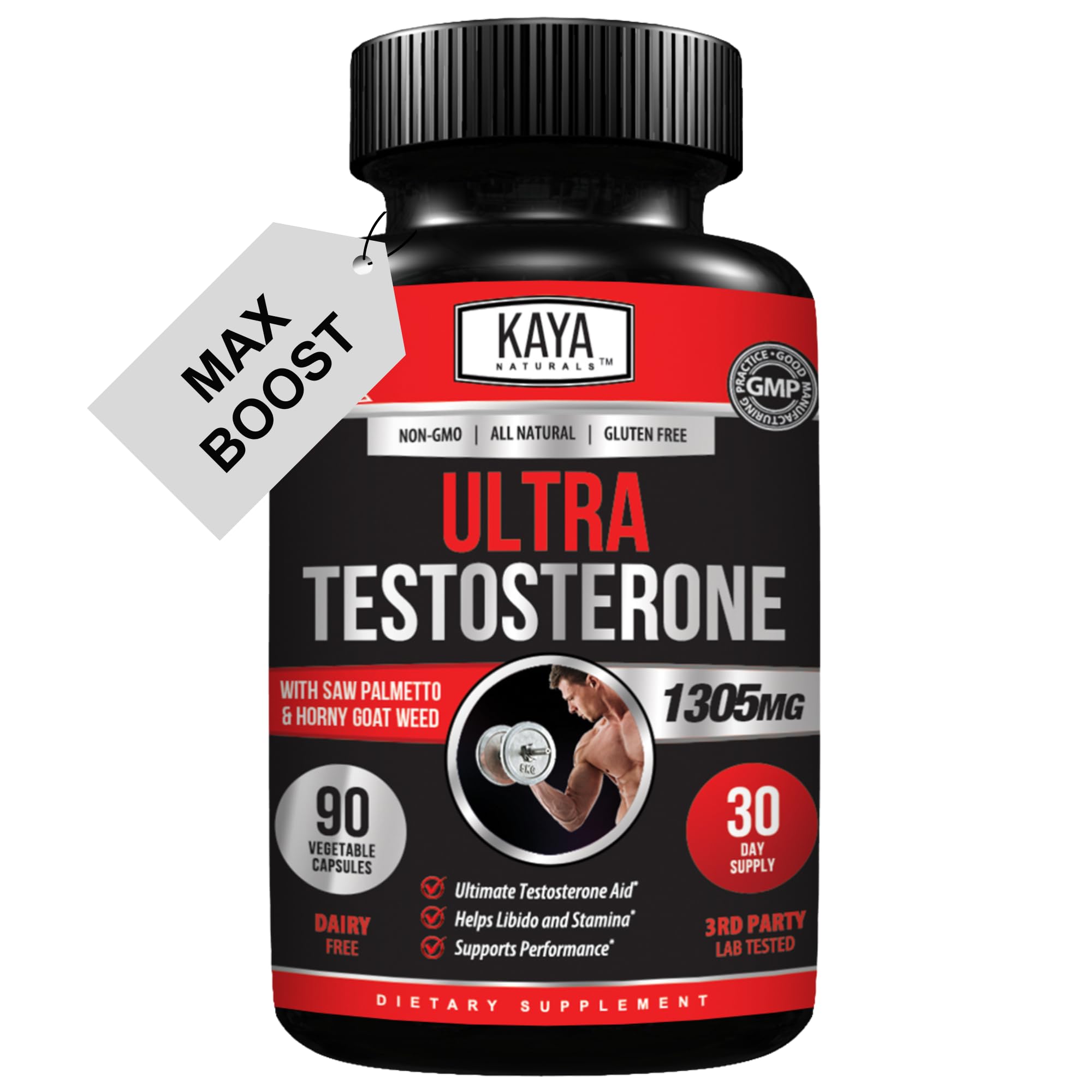 Kaya Naturals Ultra Testosterone booster supplement for men with Tongkat Ali Horny Goat Weed Tribulus energy stamina strength workout support 90 count bottle