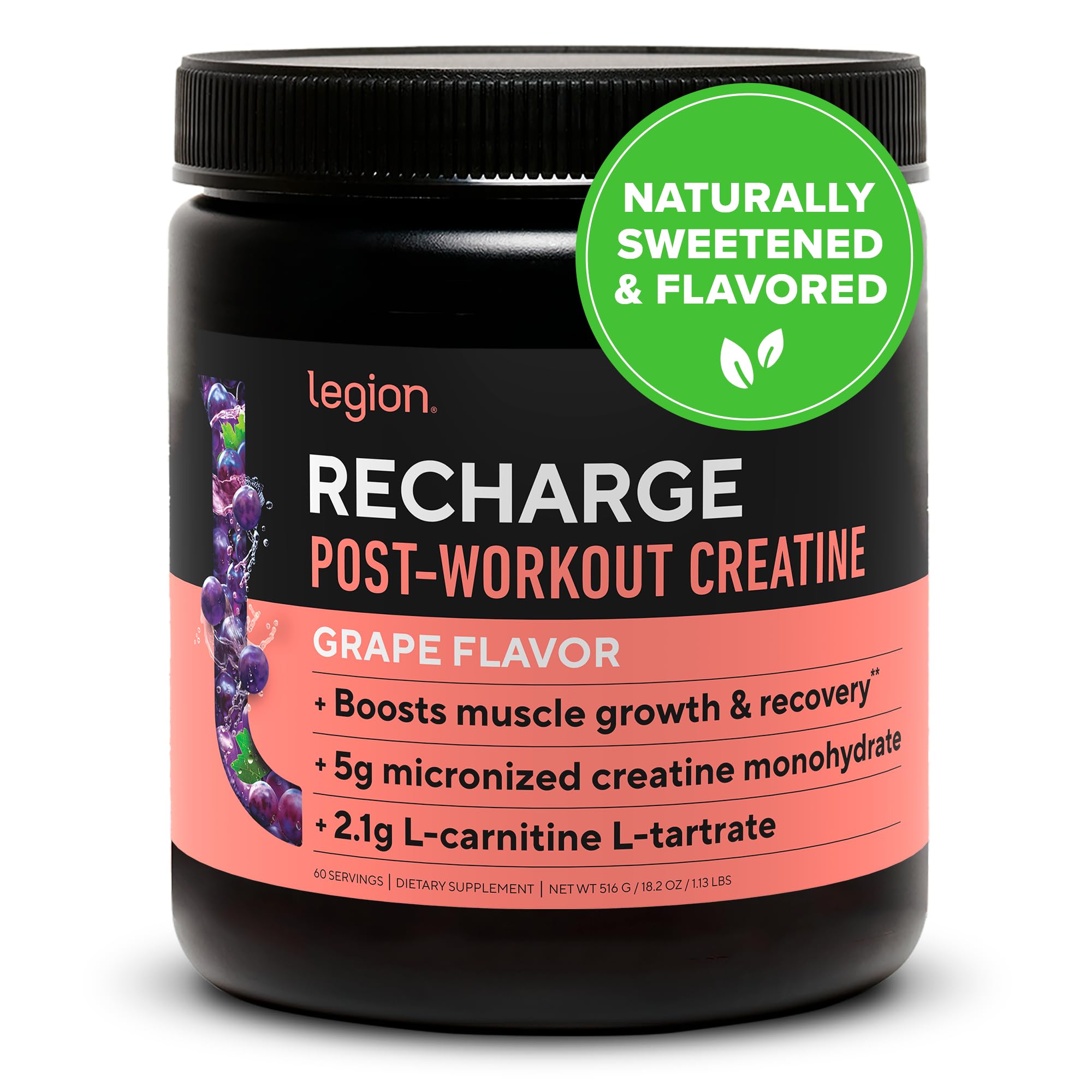LEGION Recharge post workout creatine monohydrate grape recovery drink muscle strength supplement 60 servings