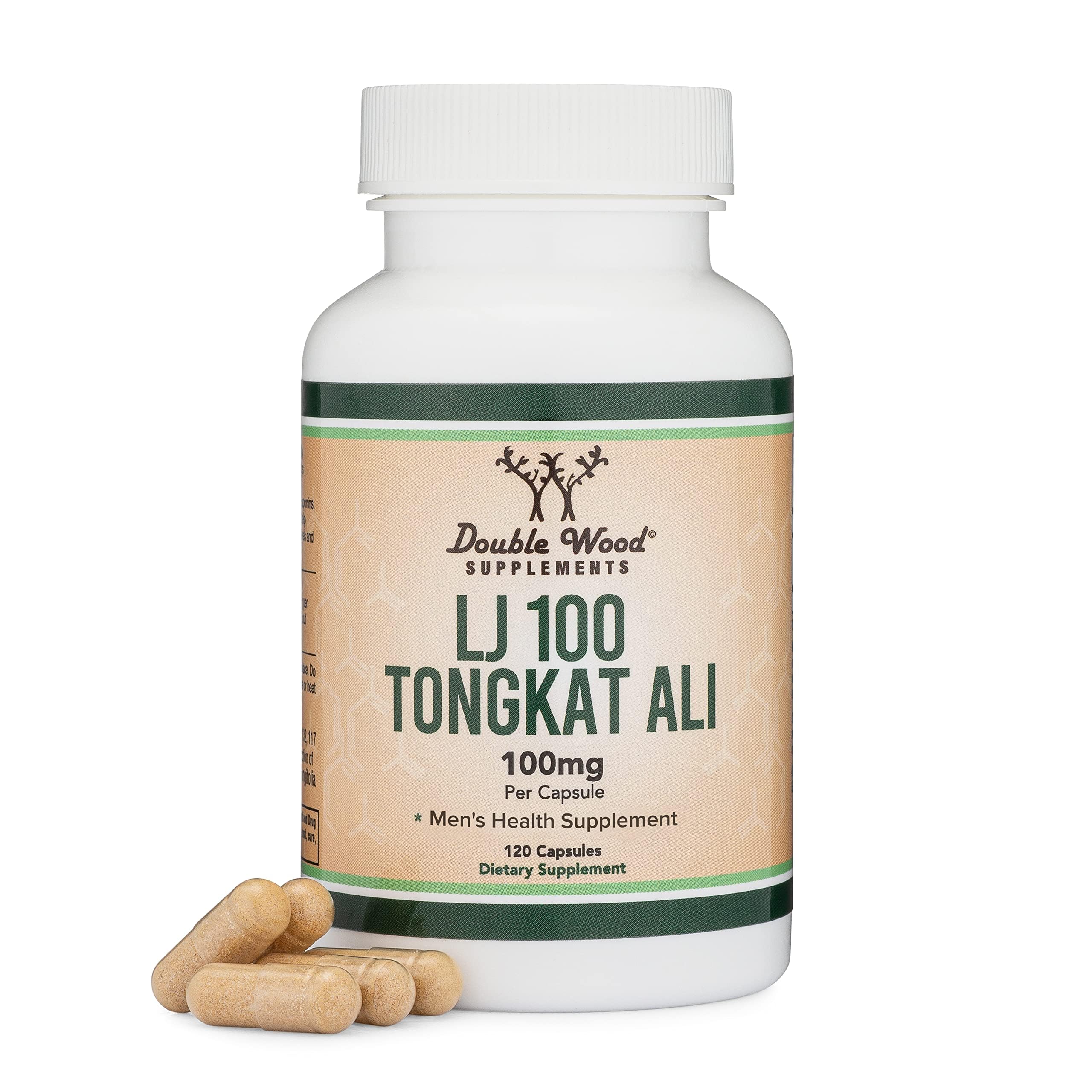 Double Wood LJ100 Tongkat Ali capsules men clinically studied testosterone energy stamina performance support 40% glycosaponins 120 capsules bottle