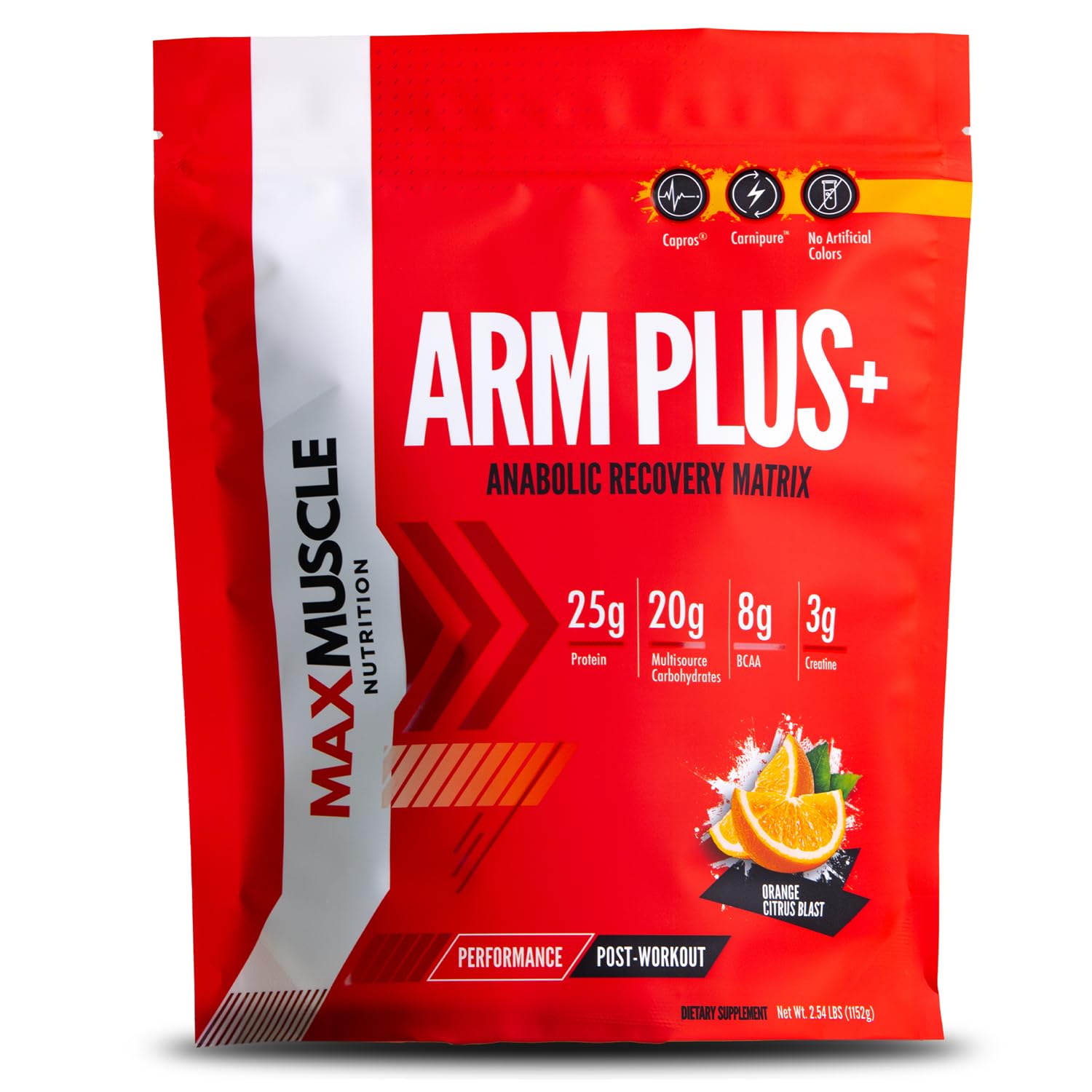 Max Muscle Arm Plus post workout whey protein BCAA creatine glutamine orange citrus 2.54 lb supplement