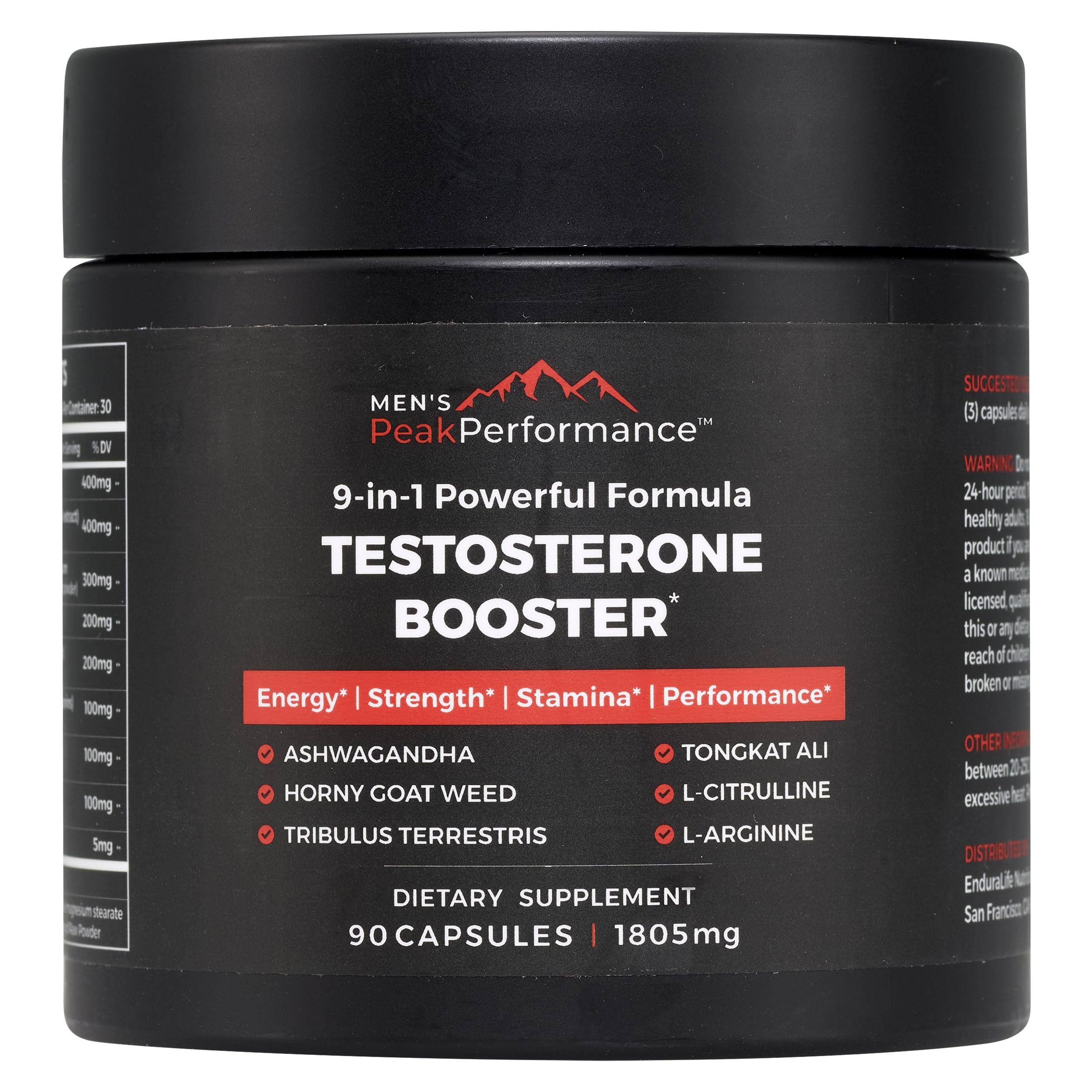 Men's PeakPerformance testosterone booster capsules Ashwagandha Tribulus L-Arginine Tongkat Ali energy strength muscle endurance support 90 capsules bottle