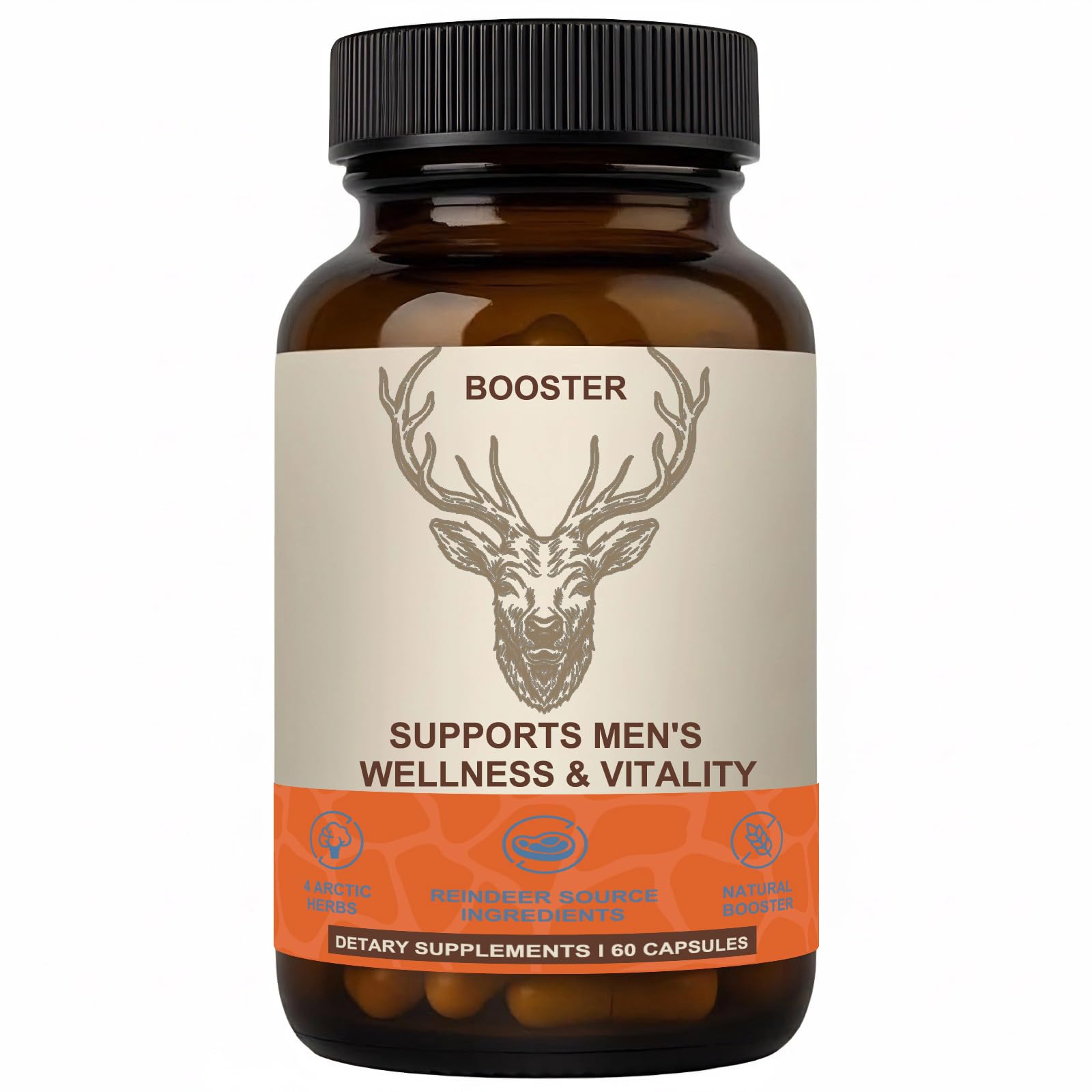 Men's vitality supplement capsules Arctic herbal reindeer nutrient blend energy endurance wellness support 60 capsules bottle