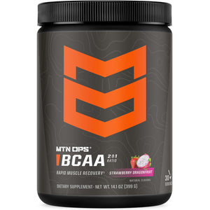 MTN OPS BCAA powder 2 1 1 strawberry dragonfruit zero sugar amino acids gluten free 30 servings muscle recovery supplement