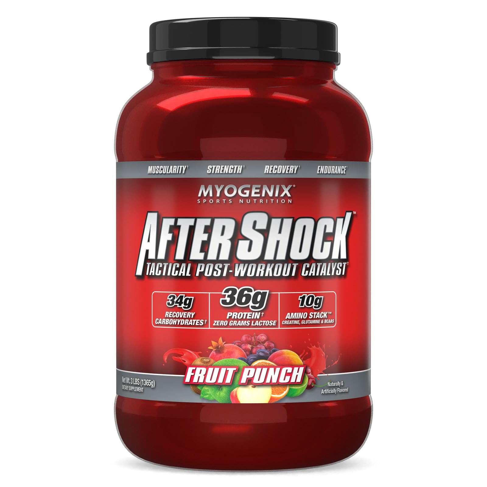 Myogenix Aftershock post workout whey protein fruit punch 3 lbs muscle growth recovery glycogen joint support supplement