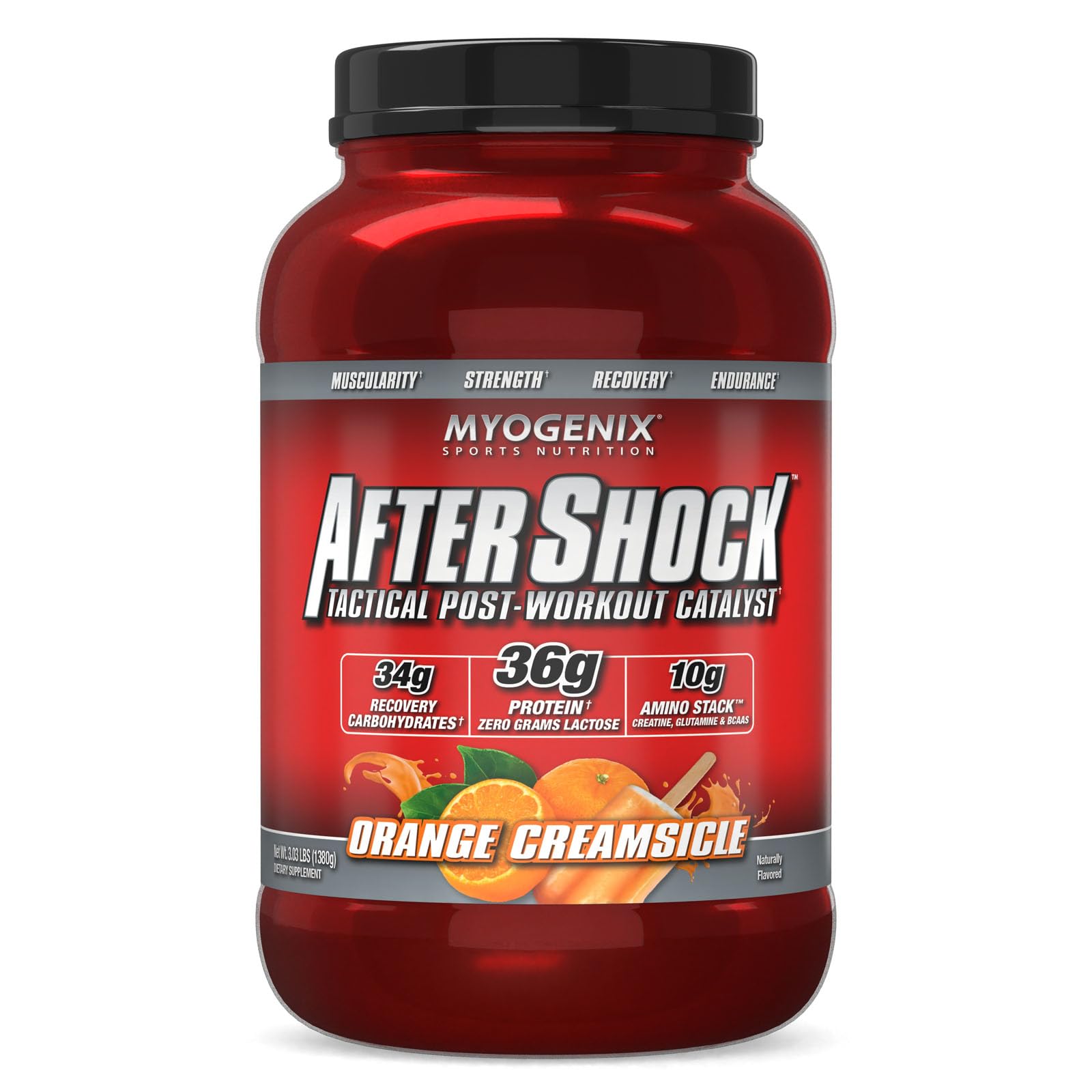 Myogenix Aftershock post workout whey protein orange creamsicle 3 lbs muscle growth recovery glycogen joint support supplement