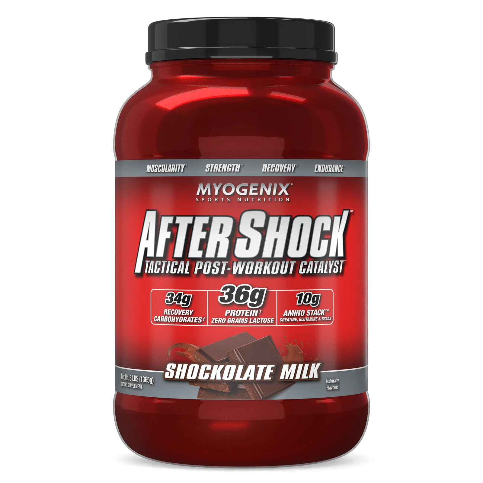 Myogenix Aftershock post workout whey protein shockolate milk 3 lbs muscle growth recovery glycogen joint support supplement