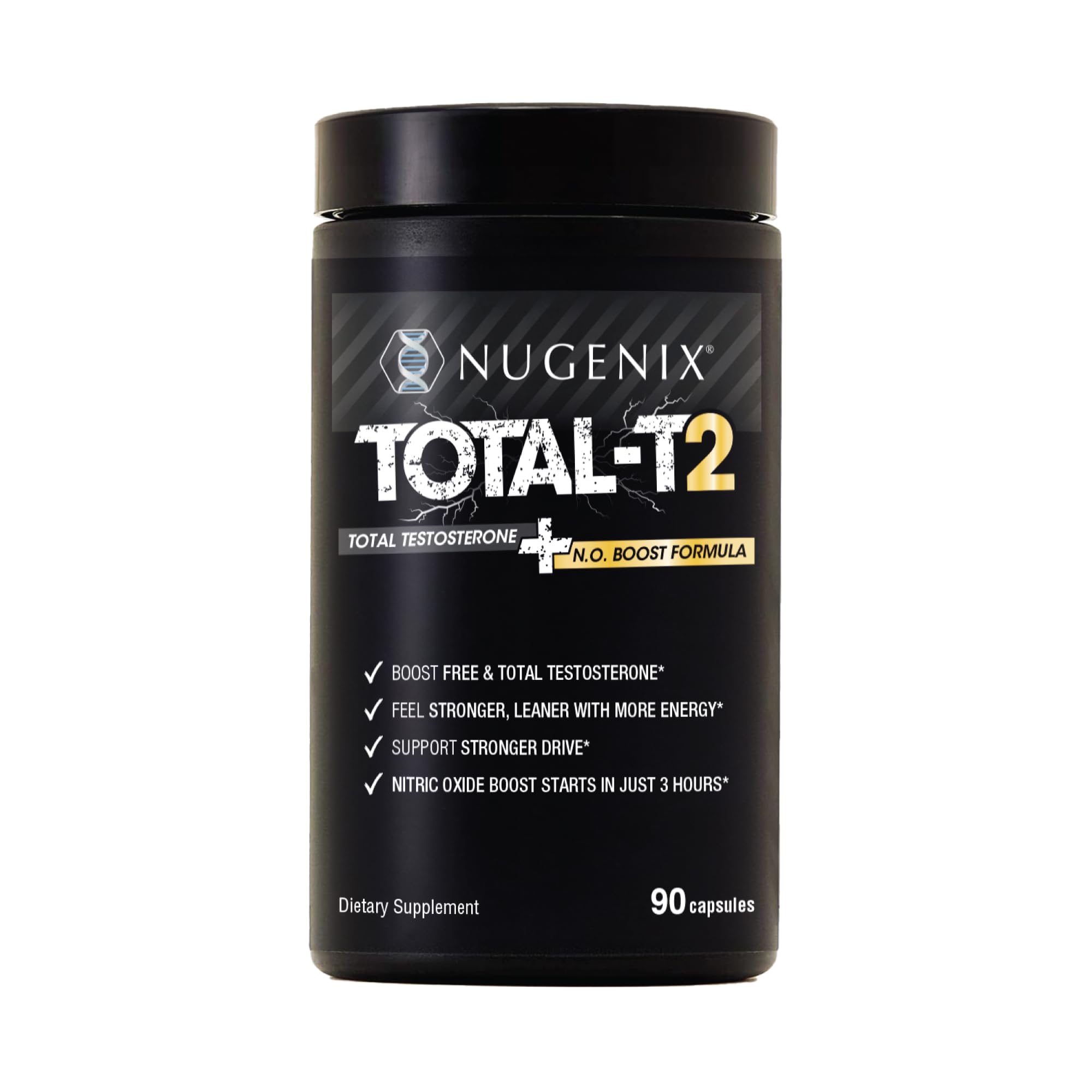 Nugenix Total-T2 testosterone and nitric oxide booster supplement for men with Tesnor S7 ElevATP Tongkat Ali Citrulline energy strength performance 90 count bottle