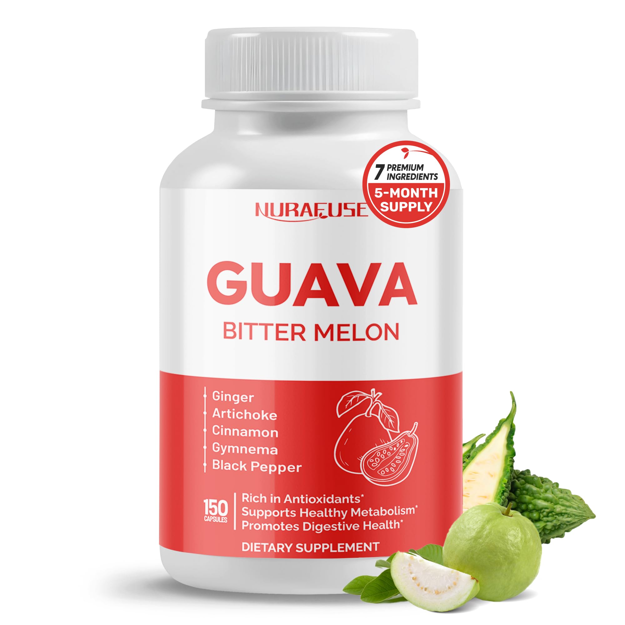 NURAFUSE Guava Extract Bitter Melon supplement capsules metabolism digestive health ginger cinnamon gymnema black pepper 150 capsules bottle