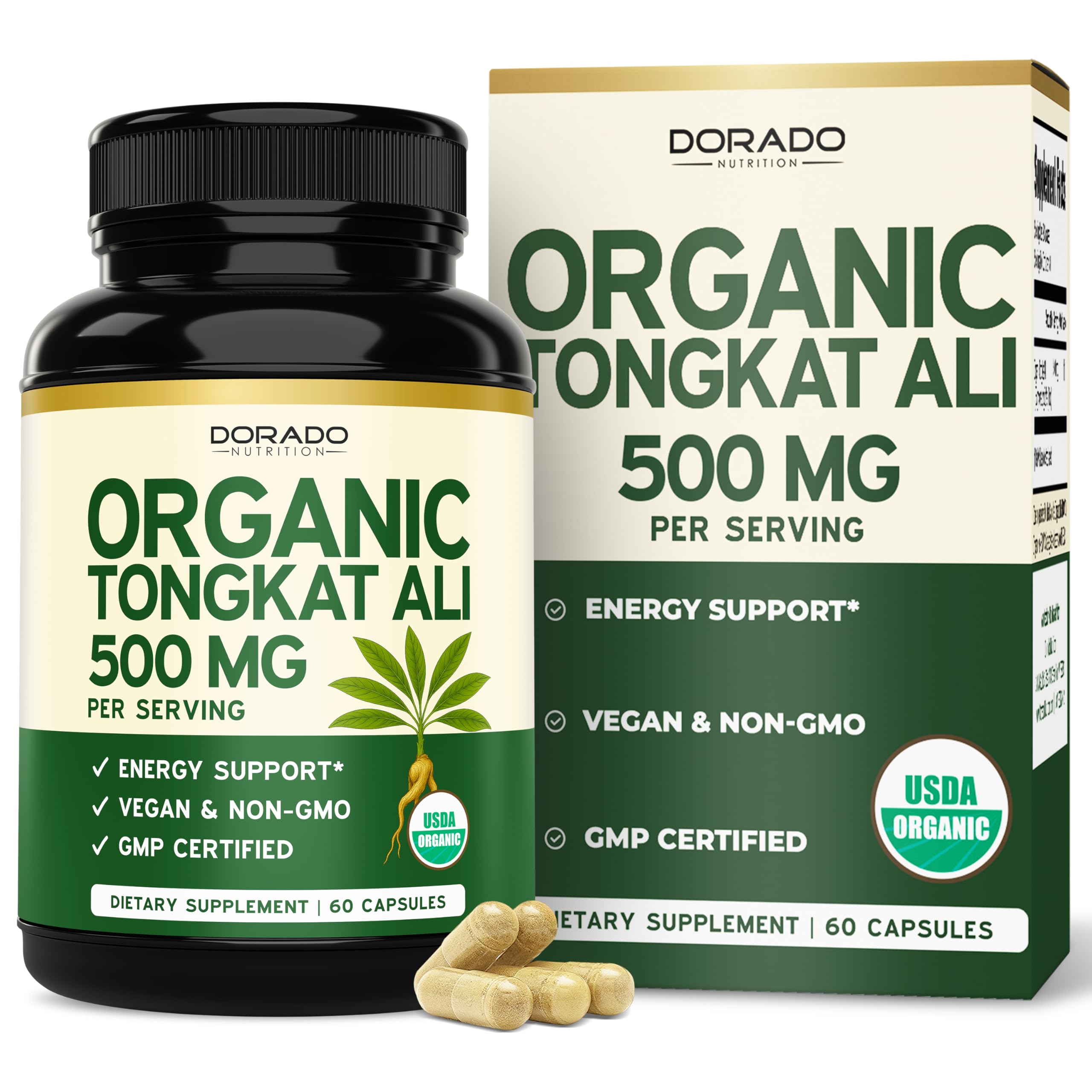 Organic Tongkat Ali capsules 500mg Longjack root extract men women energy muscle performance vegan non GMO 60 capsules bottle