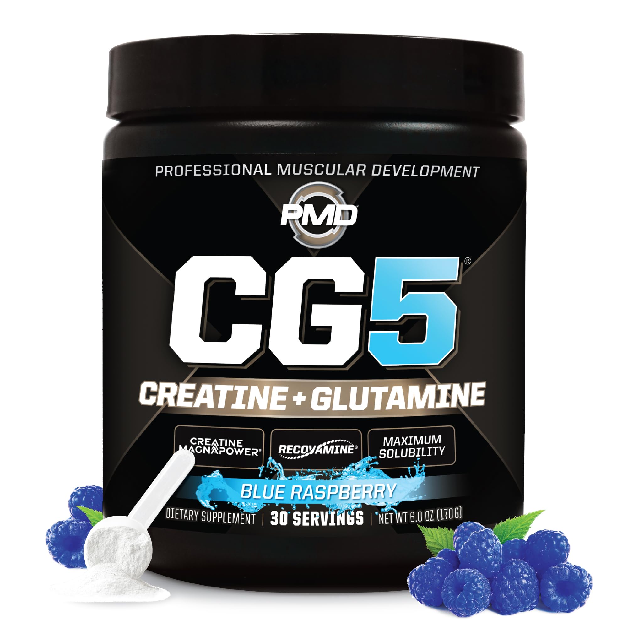 PMD Sports CG5 creatine L glutamine powder blue raspberry muscle strength recovery performance supplement 30 servings