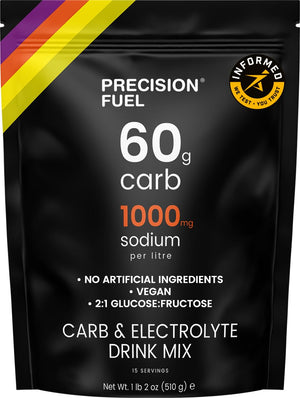 Precision Fuel PF60 carb electrolyte drink mix hydration energy 60g carbs 1000mg sodium vegan hypotonic citrus flavor