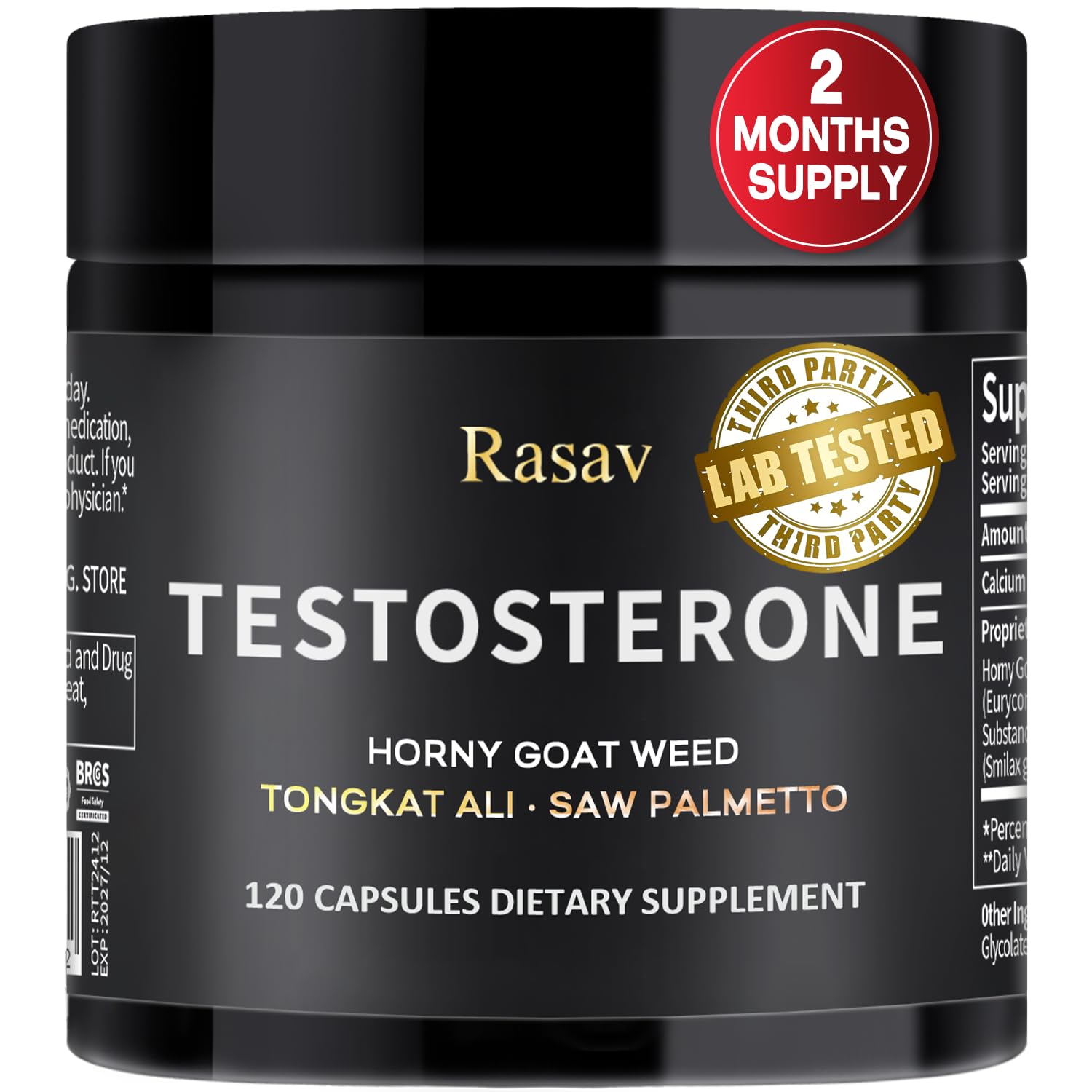 Rasav testosterone booster capsules men Horny Goat Weed Tongkat Ali energy stamina strength muscle growth performance 120 capsules bottle