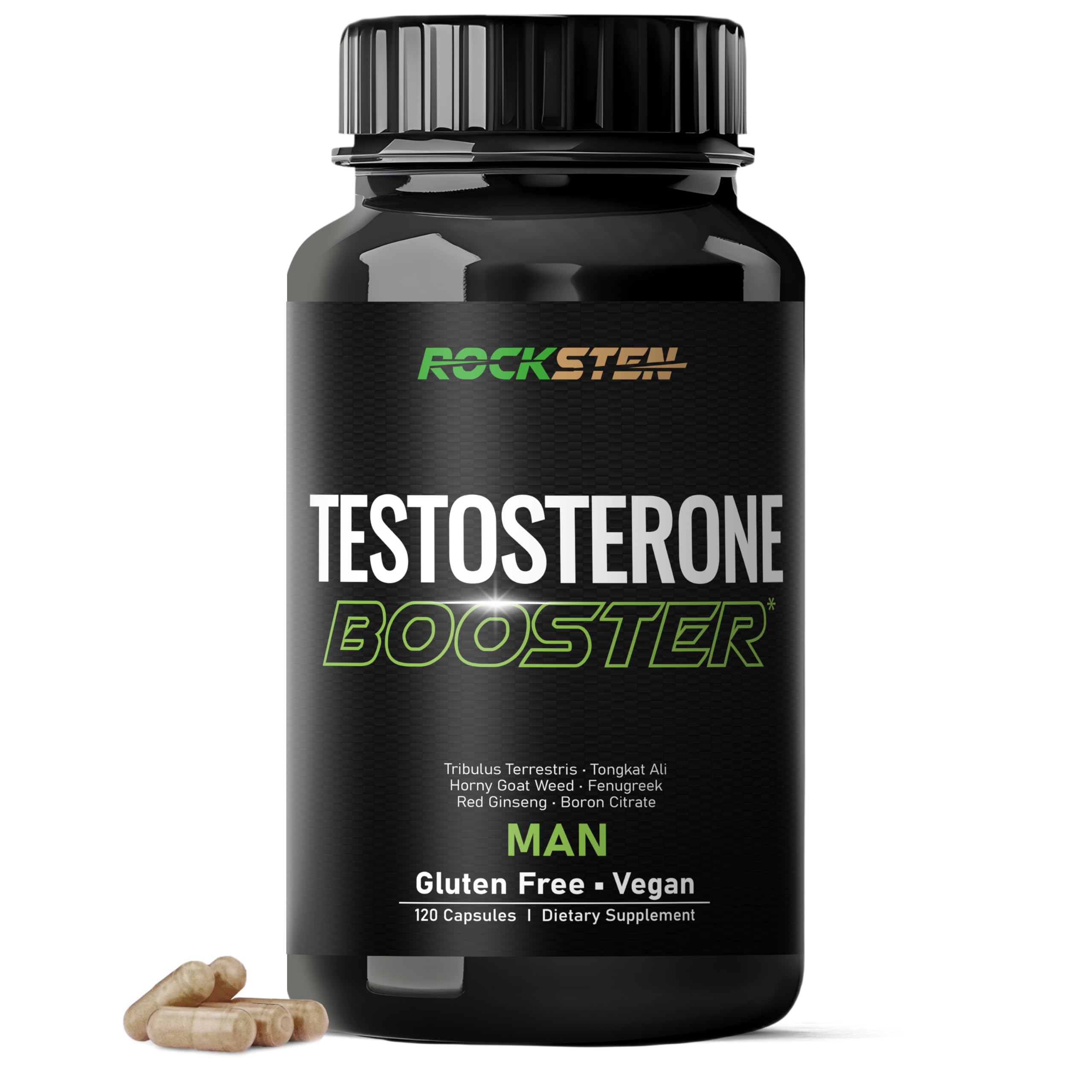RockSten testosterone booster capsules men Tribulus Tongkat Ali Fenugreek stamina energy muscle growth bodybuilding workout support bottle