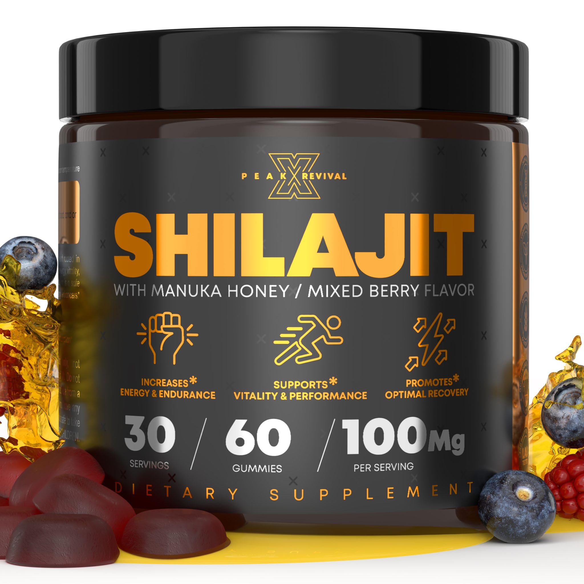 Shilajit gummies Manuka honey mixed berry energy endurance recovery supplement 100mg per serving 60 gummies bottle Peak Revival