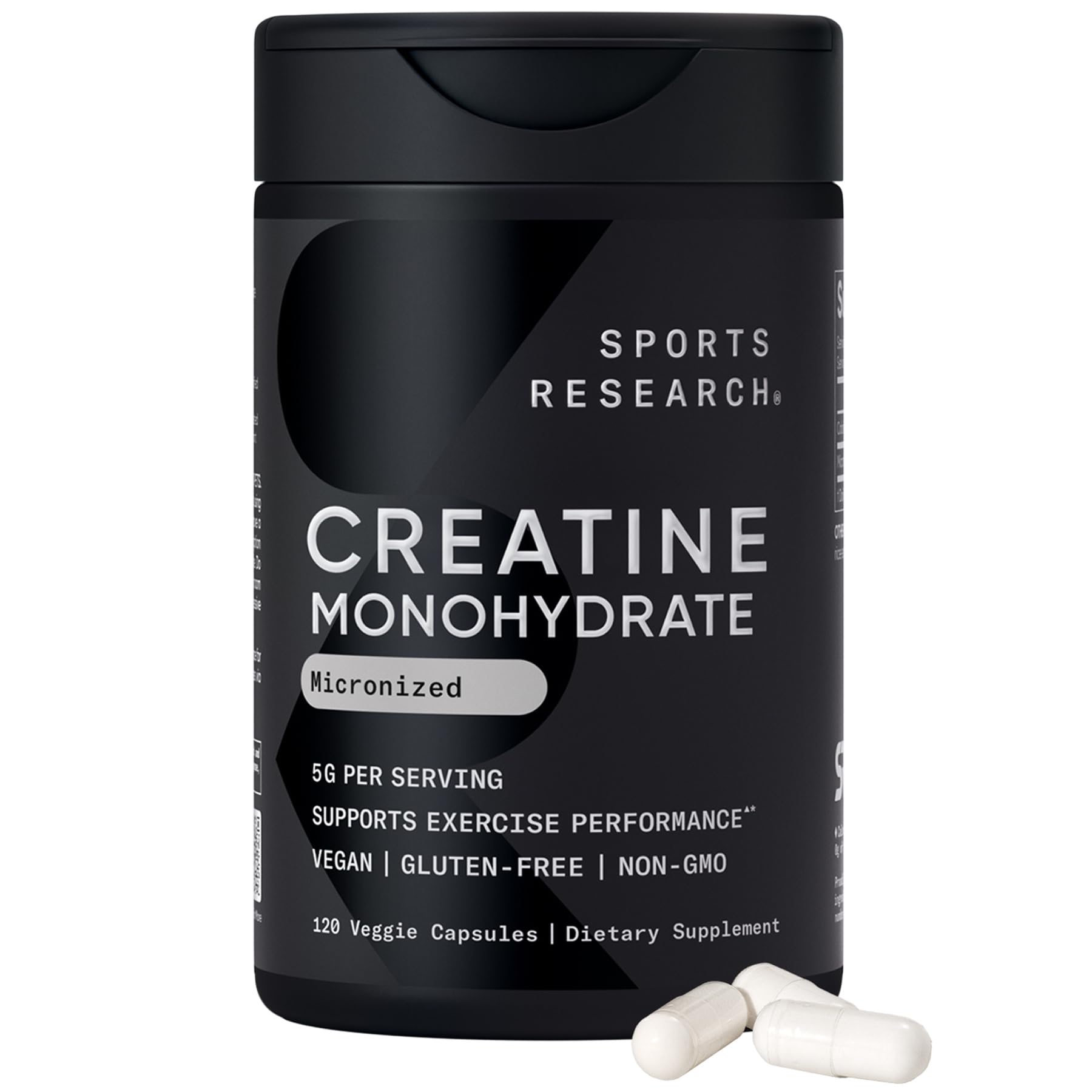 Sports Research creatine monohydrate capsules 5g vegan non GMO muscle strength recovery supplement 30 servings