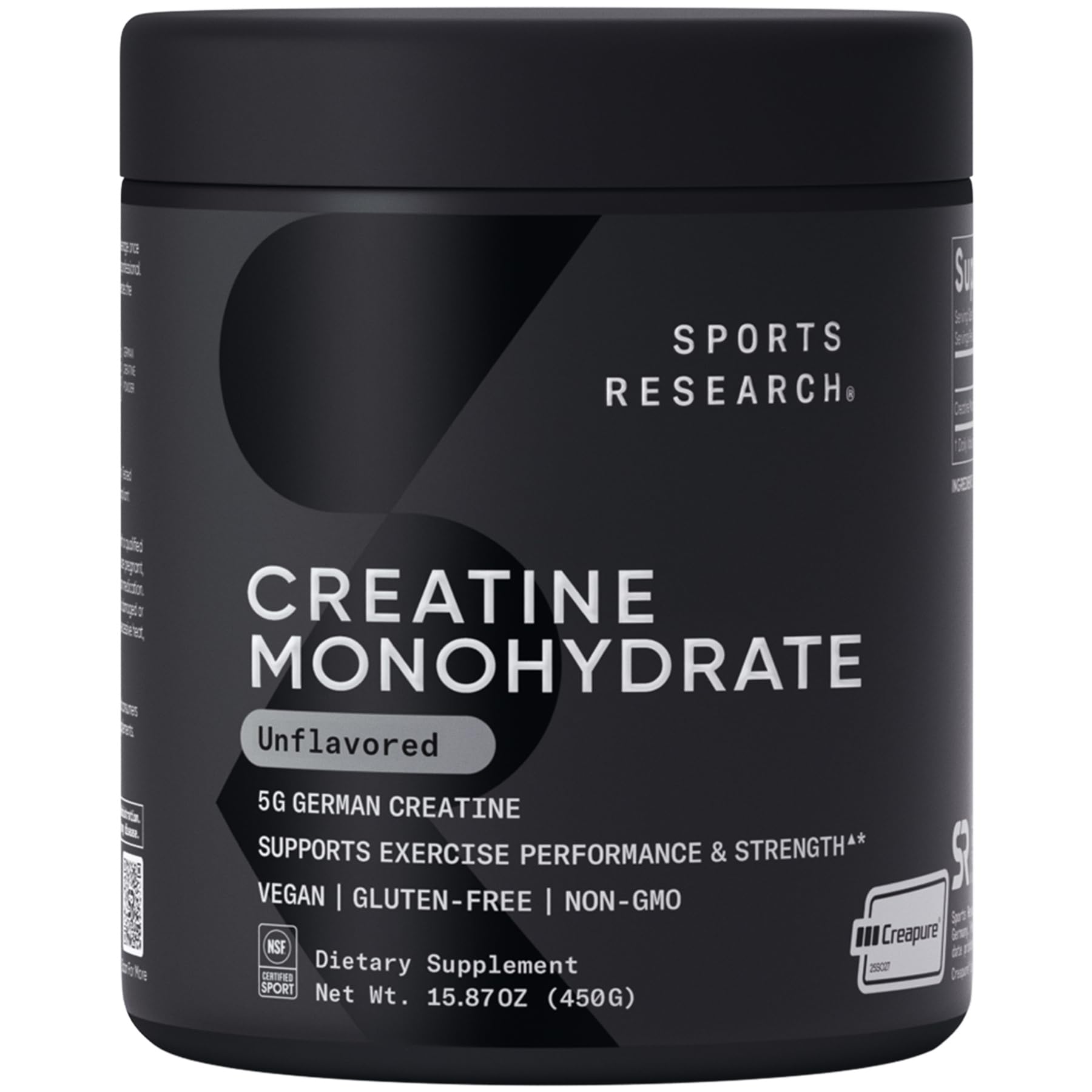 Sports Research creatine monohydrate Creapure powder 5g German creatine NSF sport unflavored muscle strength recovery supplement 90 servings