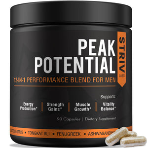 STRIVLABS Peak Potential 12-in-1 testosterone support supplement for men with Fenugreek Ashwagandha Tongkat Ali energy strength muscle builder 90 capsules bottle