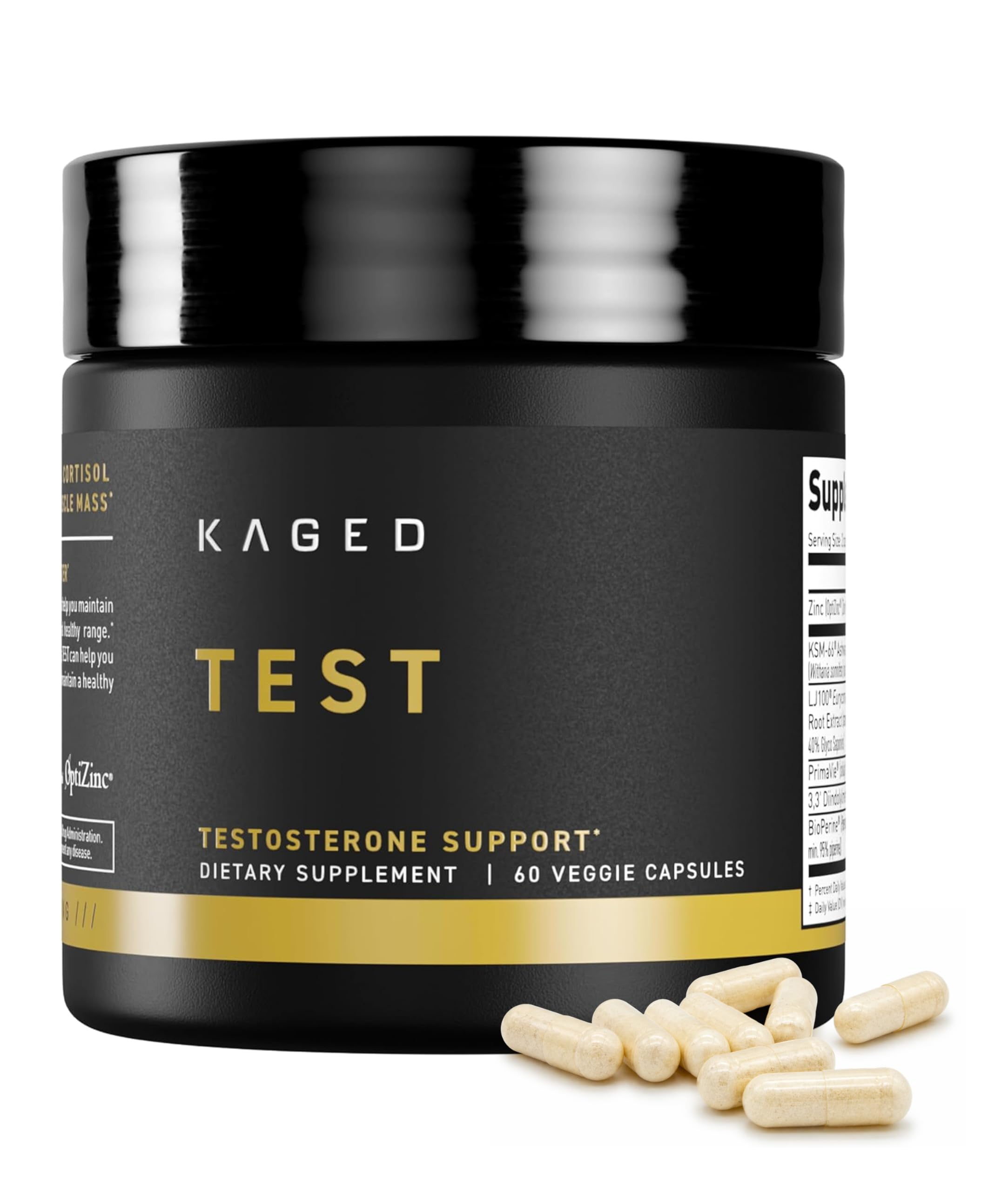 Kaged Test capsules testosterone booster men women LJ100 Tongkat Ali KSM-66 Ashwagandha Shilajit hormone balance energy performance 60 servings bottle