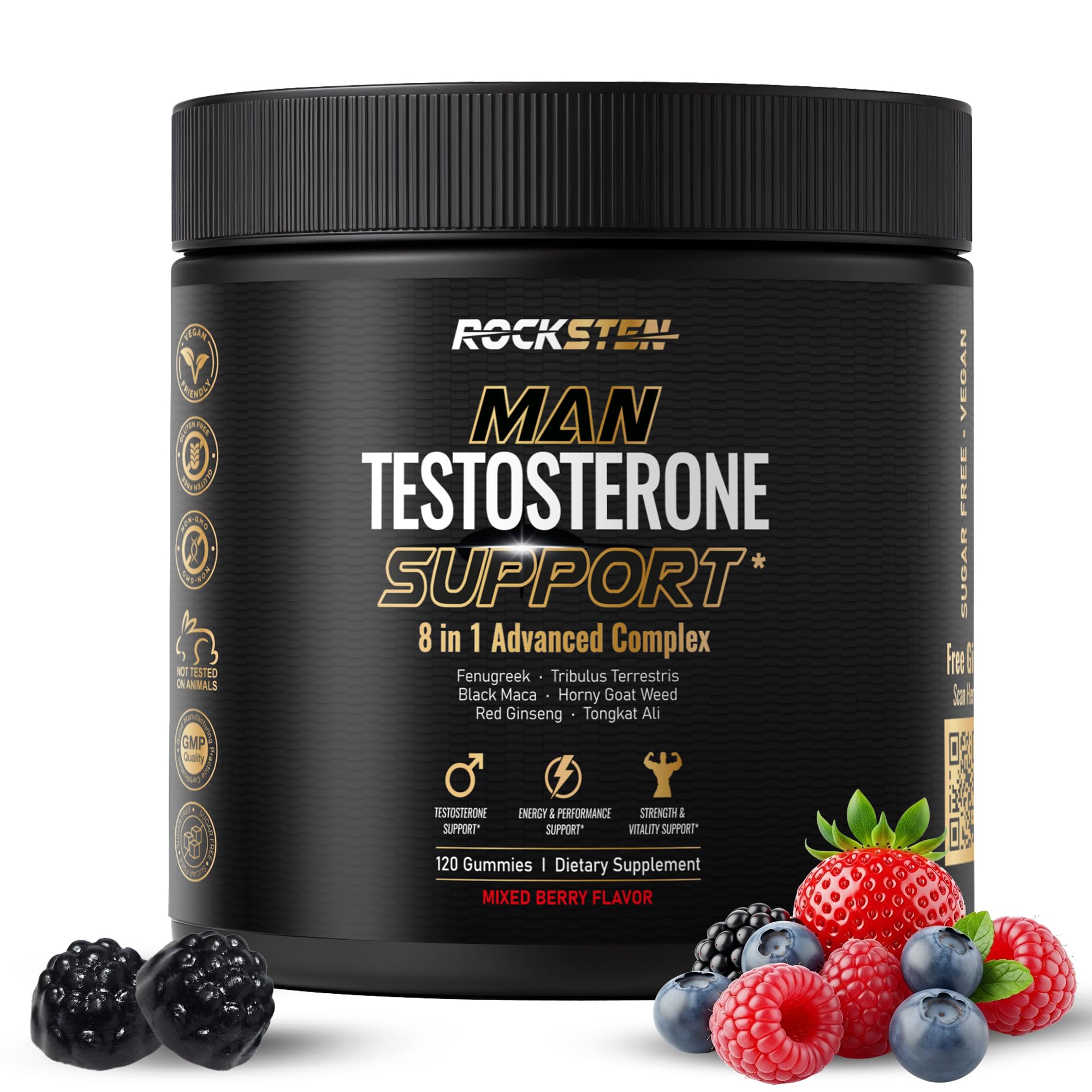 RockSten testosterone booster gummies men energy stamina libido muscle growth workout performance support chews bottle