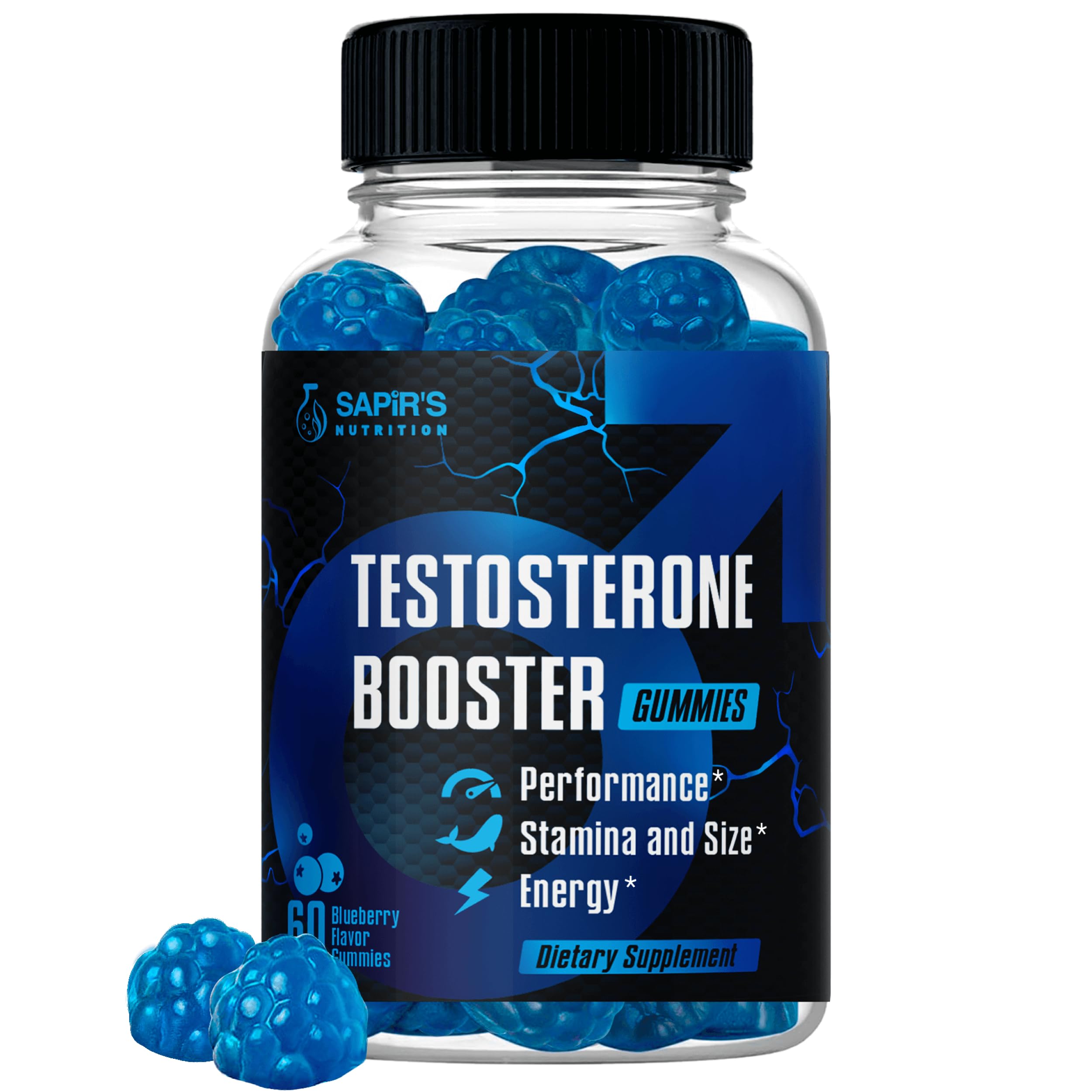 Testosterone booster gummies for men natural blueberry male enhancement chews for energy strength stamina and performance supplement bottle