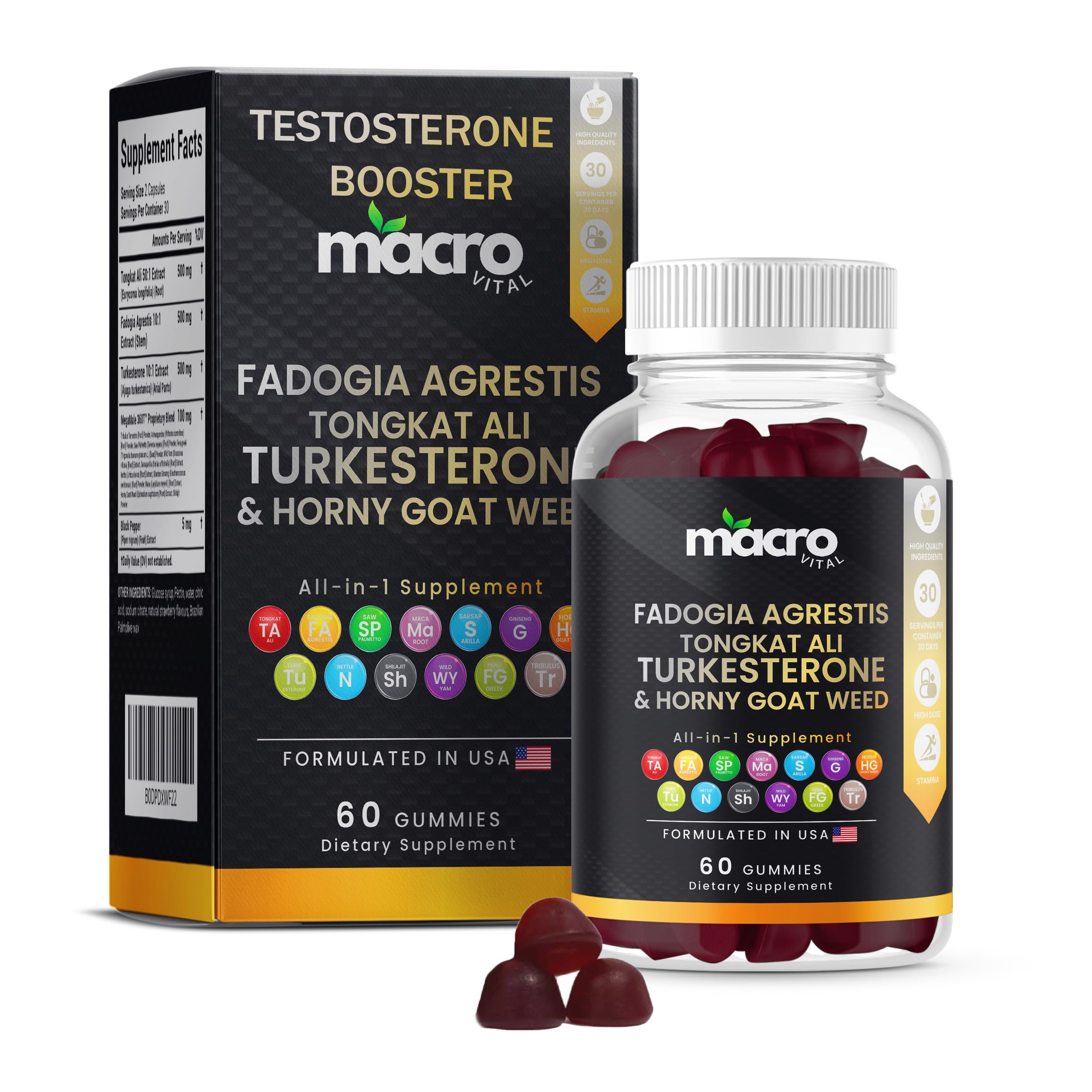 Testosterone booster gummies for men with Tongkat Ali, Maca Root, Tribulus, Turkesterone and Horny Goat Weed supporting energy, libido and muscle performance