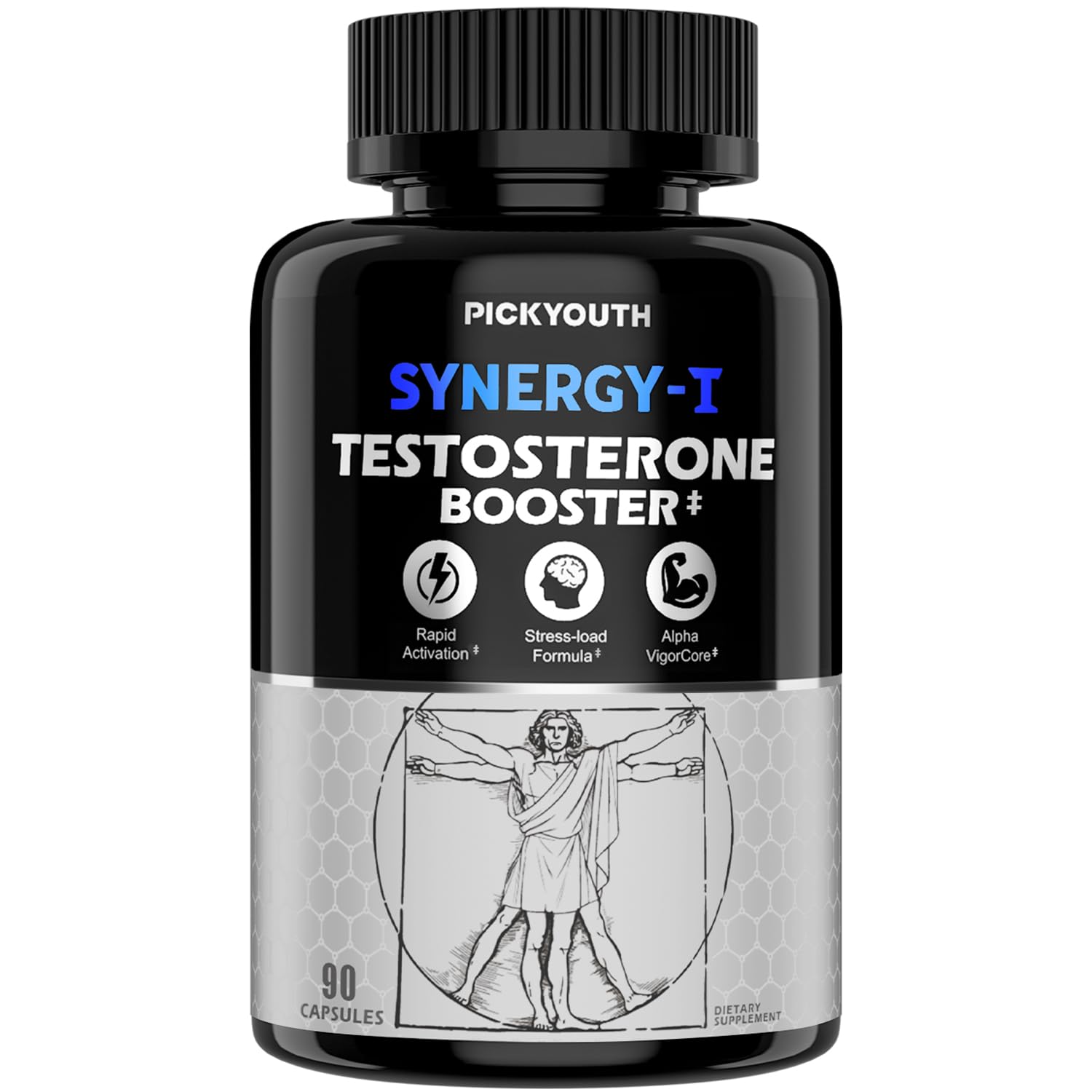 PickYouth Synergy-T testosterone booster capsules men Ashwagandha DIM Turkesterone Tongkat Ali Zinc energy strength performance 90 capsules bottle