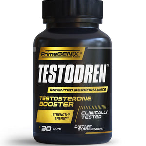 PrimeGENIX Testodren testosterone booster capsules men energy strength stamina lean muscle sports nutrition performance supplement bottle