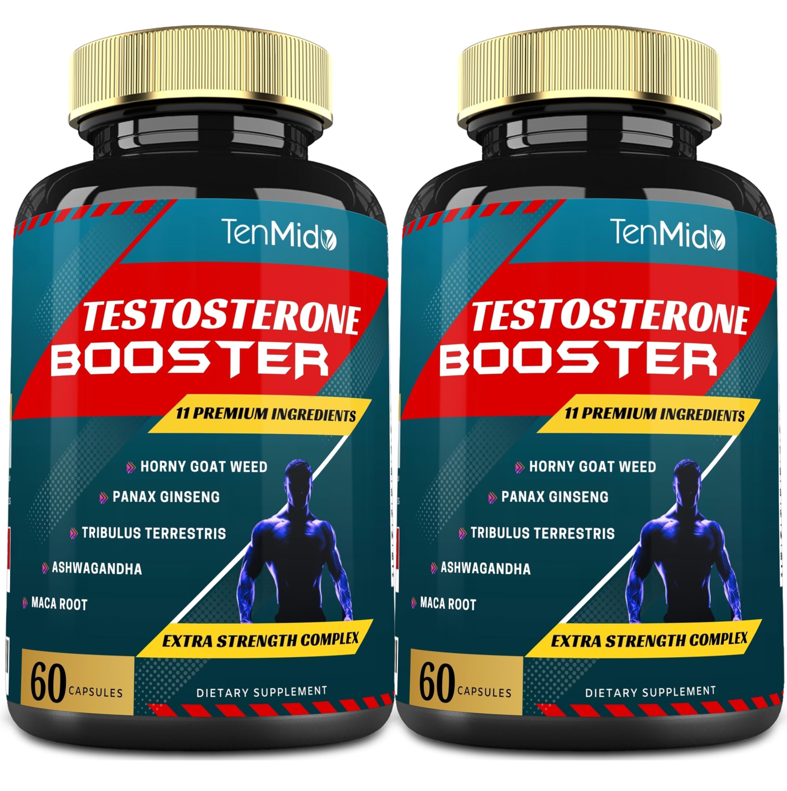 Tenmido testosterone booster capsules men energy strength stamina performance support 2 pack 120 capsules bottle