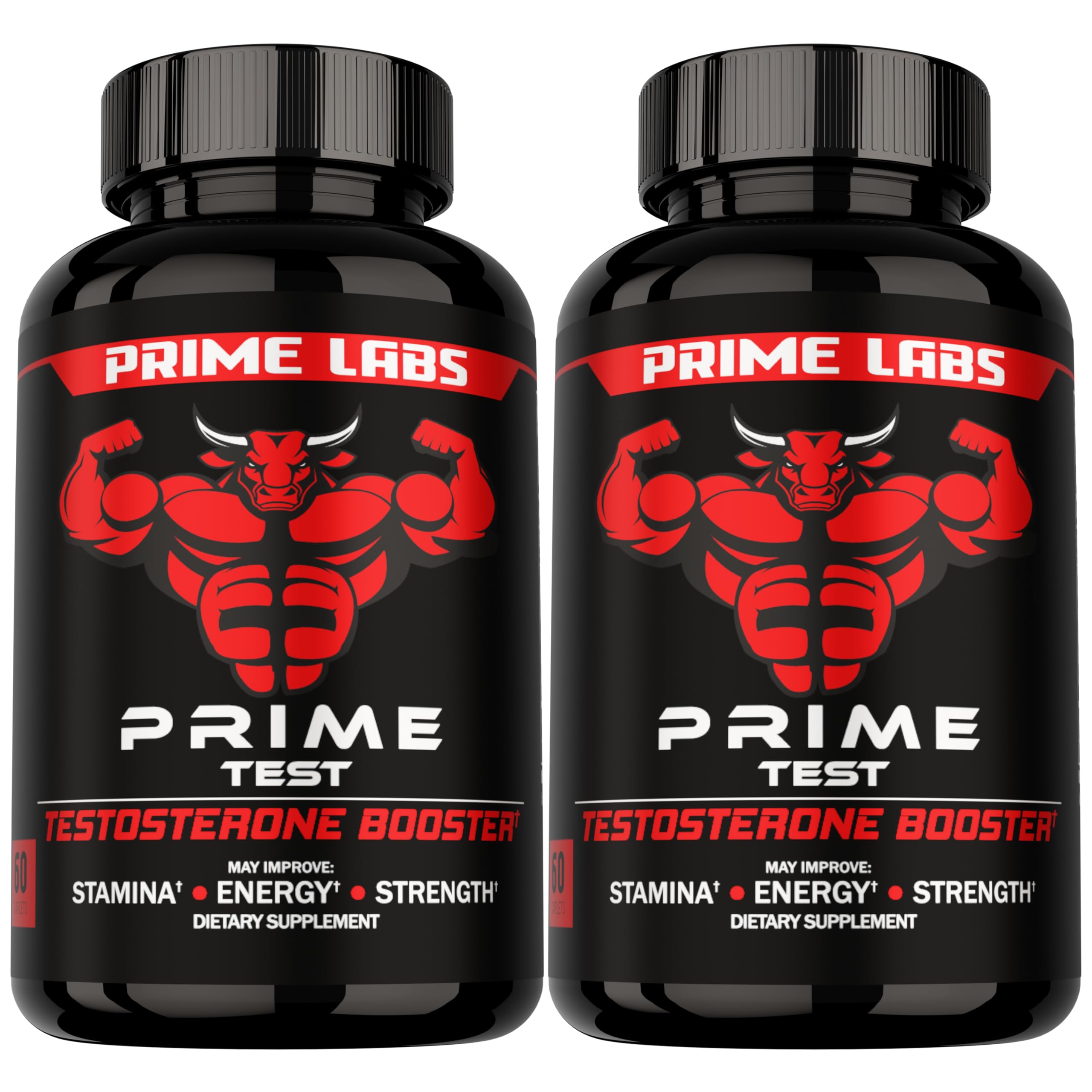 Prime Labs testosterone booster caplets men energy strength stamina endurance workout performance support 2 pack 120 caplets bottles