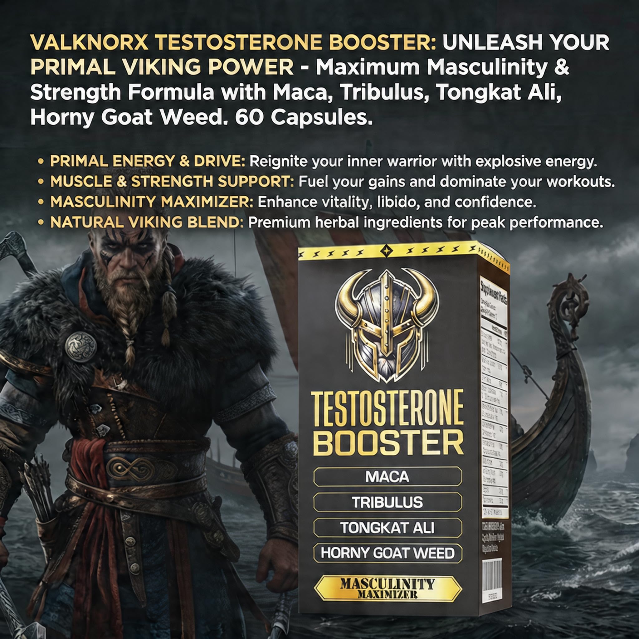 VALKNORX Primal Viking testosterone booster capsules men Maca Tongkat Ali Tribulus Horny Goat Weed libido energy strength performance supplement bottle