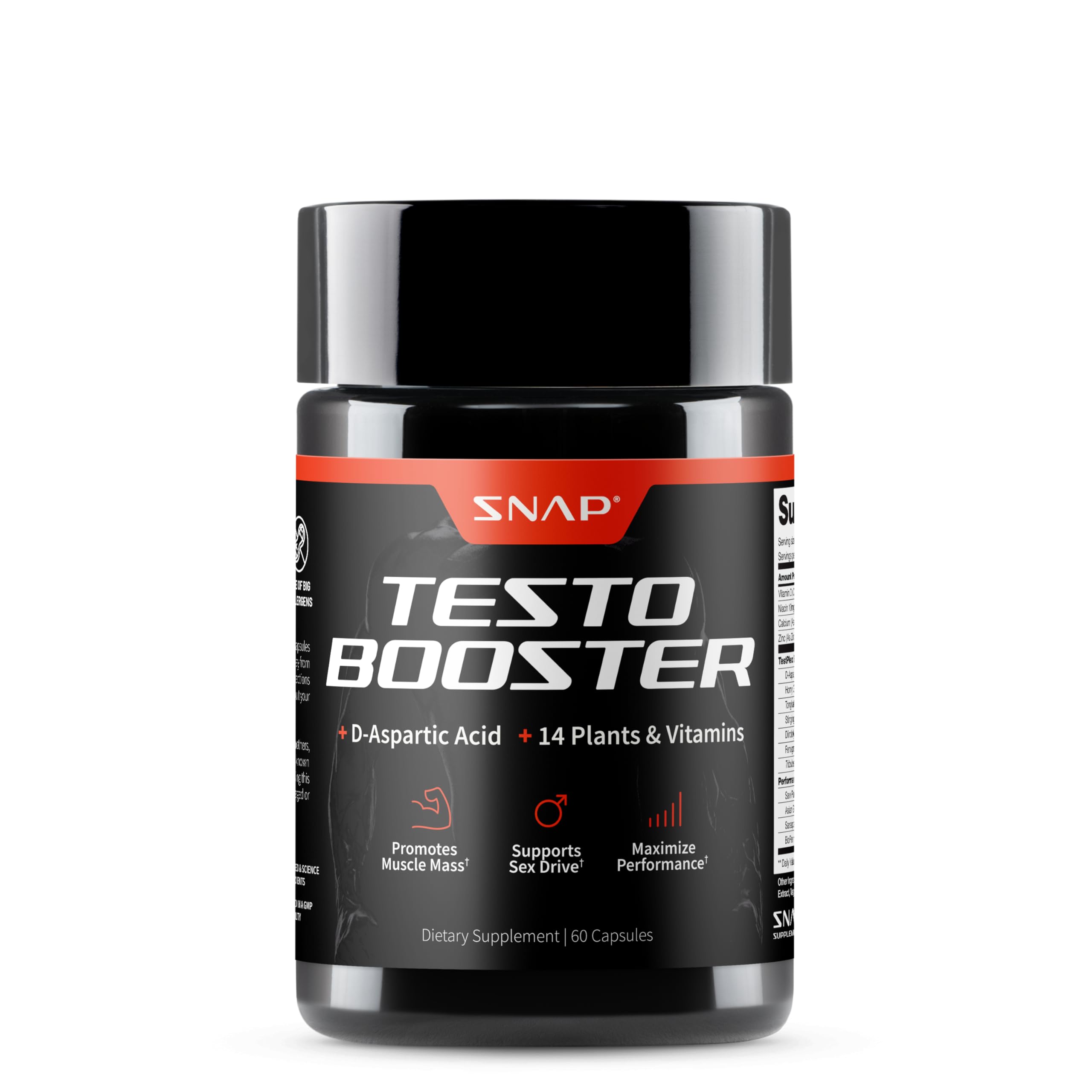 Snap Supplements testosterone booster capsules men muscle growth energy strength stamina performance support 60 capsules bottle