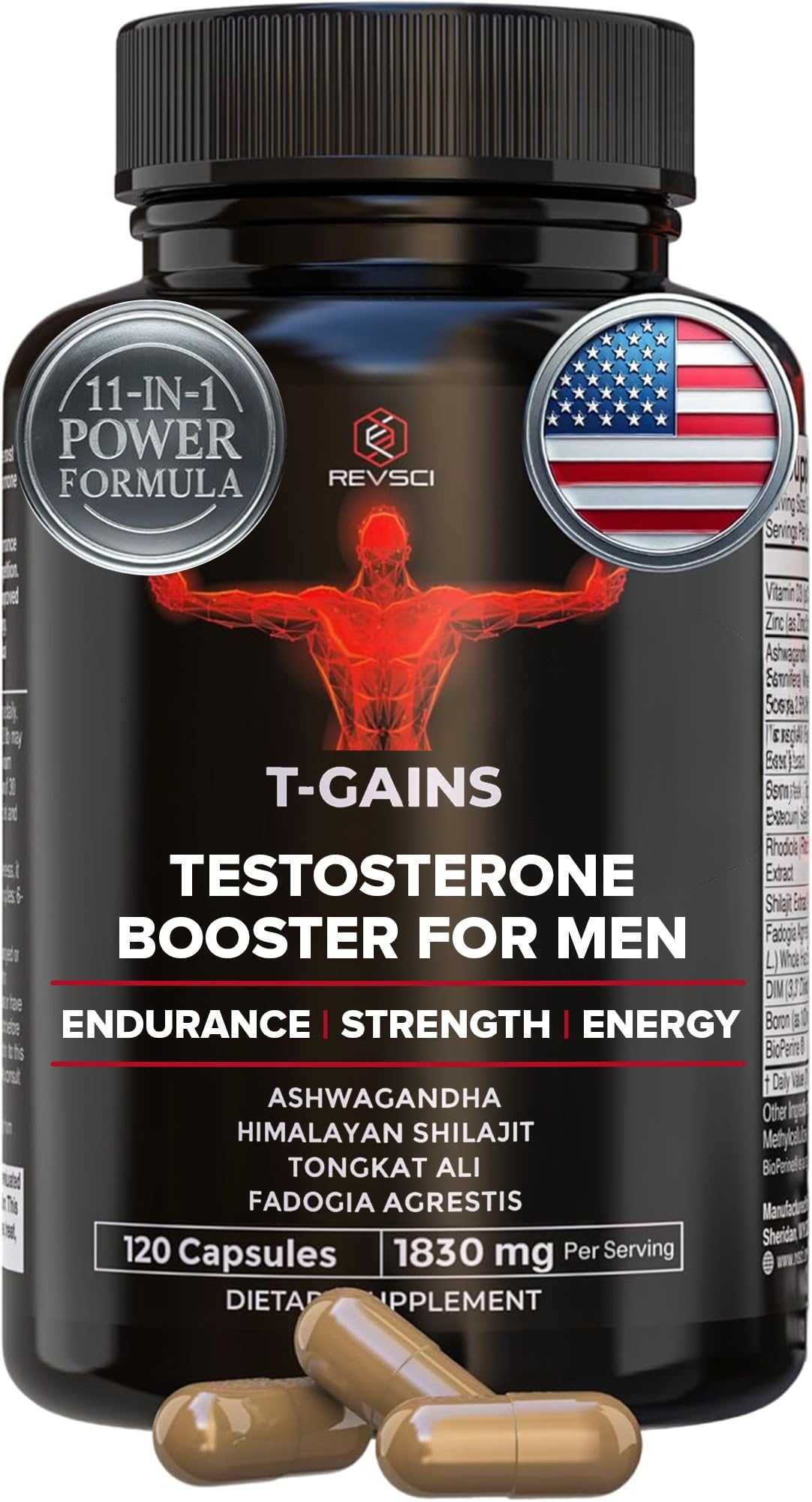 T-GAINS testosterone booster capsules men muscle growth strength energy endurance estrogen support performance supplement 120 capsules bottle