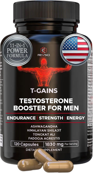 T-GAINS testosterone booster capsules men muscle growth strength energy endurance estrogen support performance supplement 120 capsules bottle