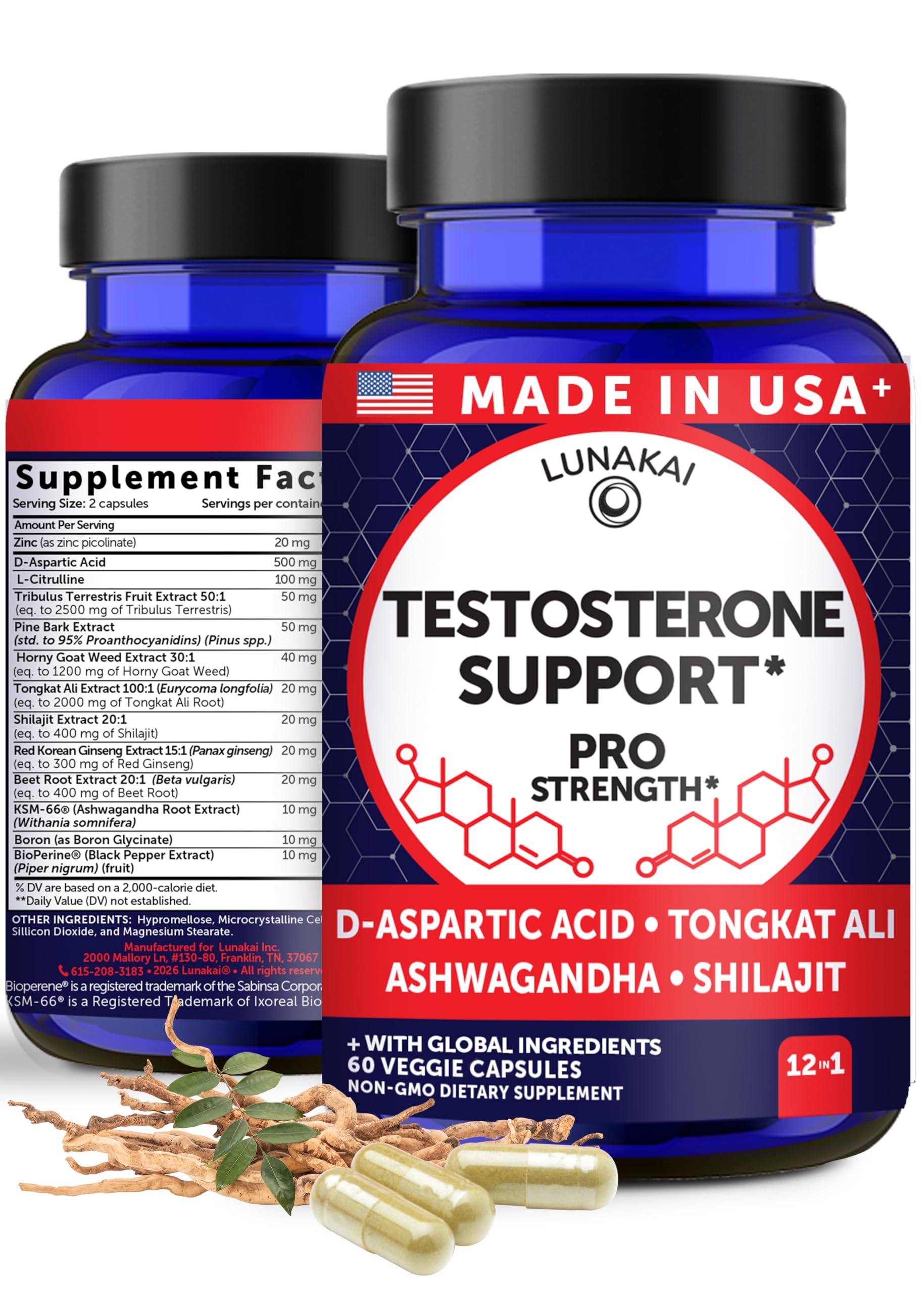 Lunakai testosterone booster capsules men Tongkat Ali Ashwagandha Shilajit energy strength stamina performance USA made 60 capsules bottle