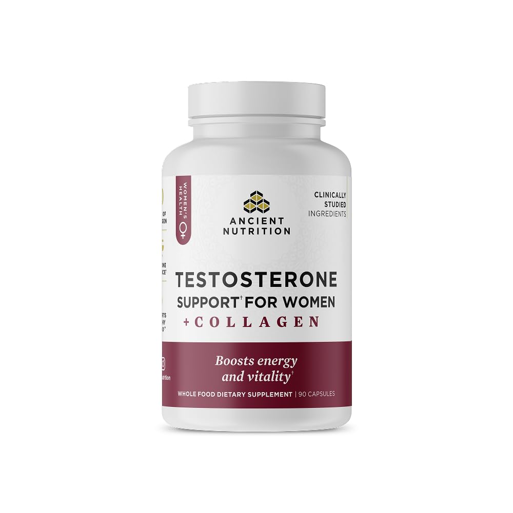 Ancient Nutrition testosterone support capsules collagen peptides superfood blend hormone balance energy vitality men women 90 capsules bottle