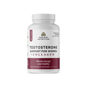 Ancient Nutrition testosterone support capsules collagen peptides superfood blend hormone balance energy vitality men women 90 capsules bottle